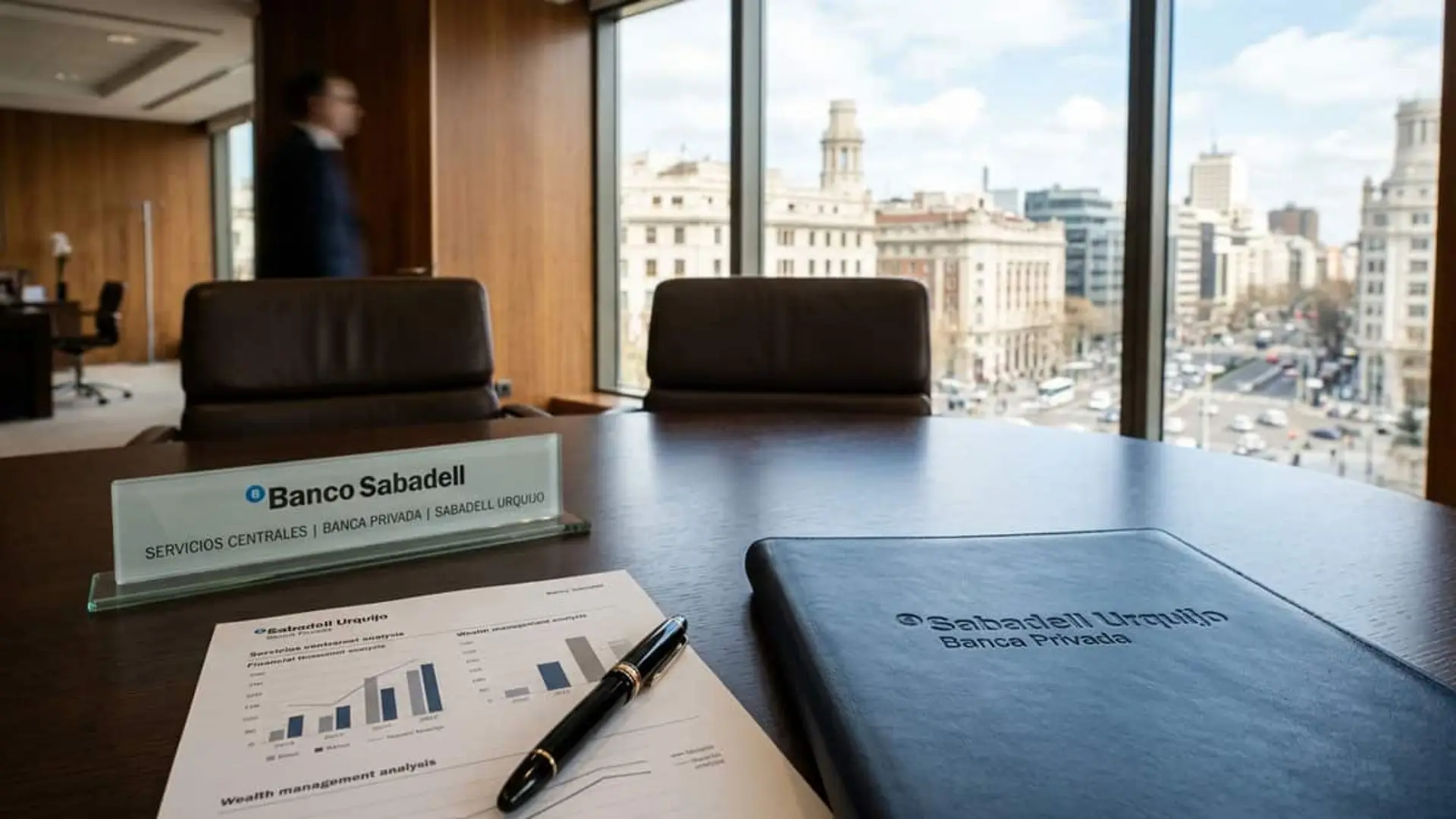 Sala de reuniones de Banco Sabadell con documentación de banca privada, informes financieros y vistas urbanas