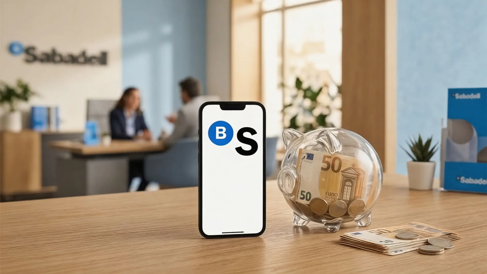 Teléfono móvil con un logotipo de Banco Sabadell junto a una hucha transparente con billetes y monedas en una oficina bancaria