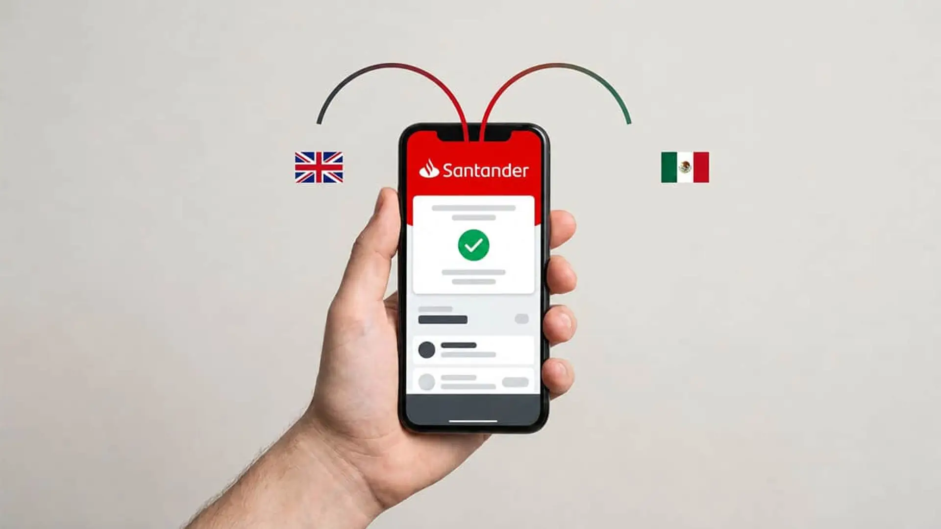 Móvil con la app de Santander y las banderas de Reino Unido y México para representar transferencias internacionales.