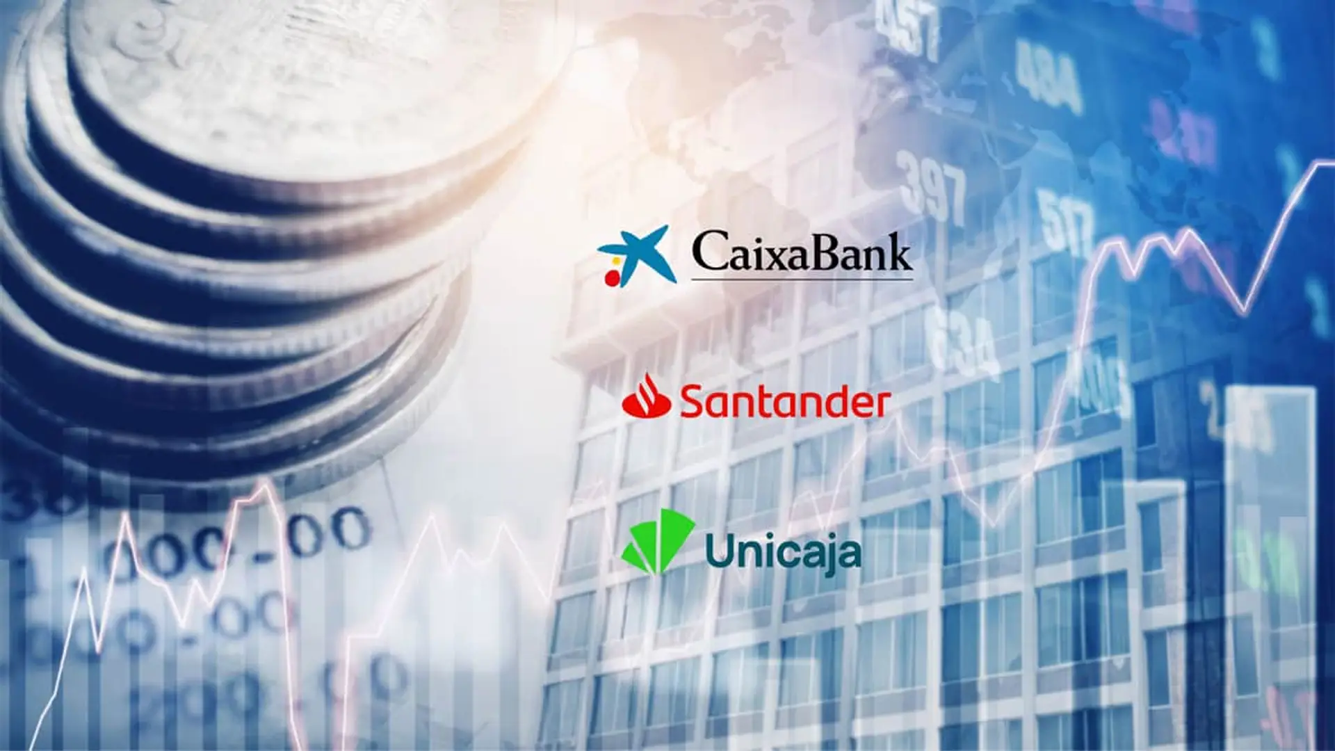 Logos de CaixaBank, Santander y Unicaja con gráficas bursátiles y monedas para representar el sector bancario en España.