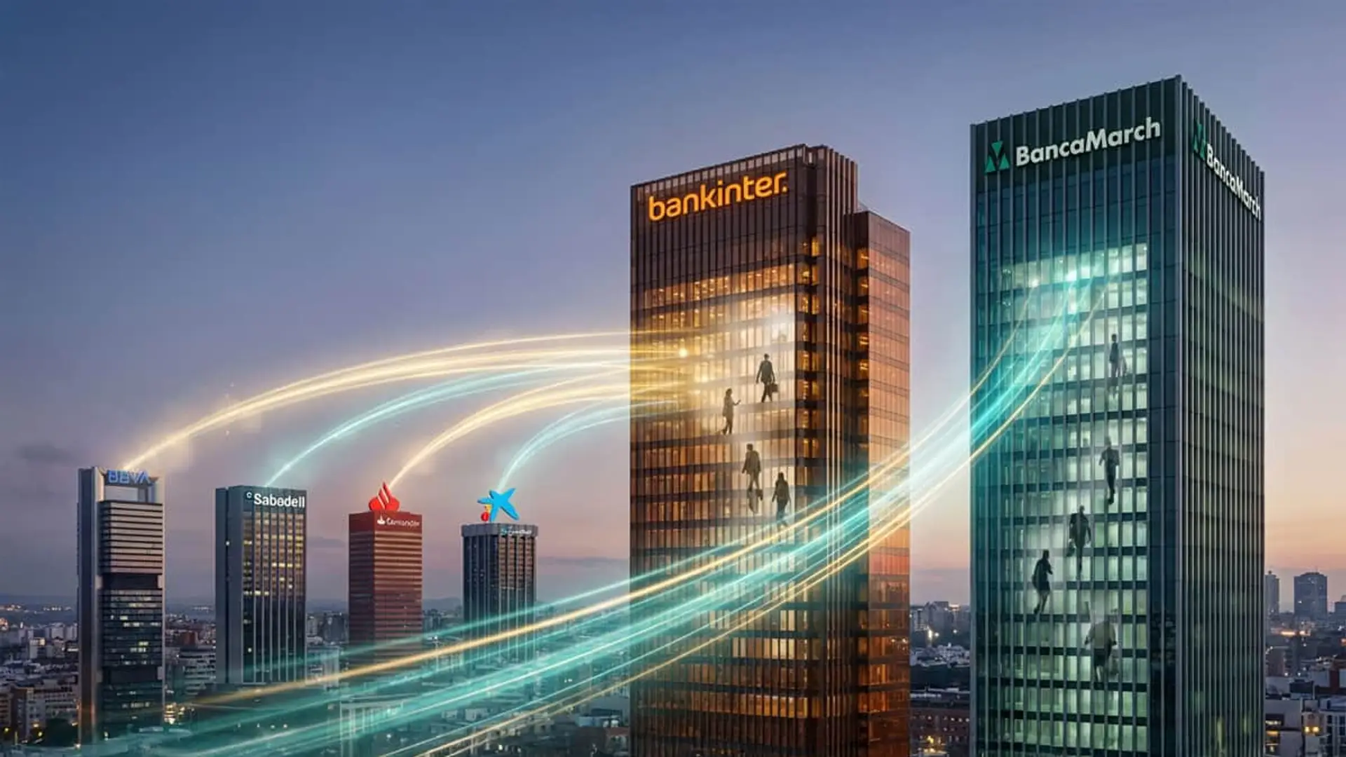 Bankinter y Banca March potencian su banca privada con fichajes estratégicos en BBVA, Sabadell, Santander y CaixaBank Skyline de rascacielos de bancos españoles con sedes de Bankinter, Banca March, BBVA, Sabadell, Banco Santander y CaixaBank.