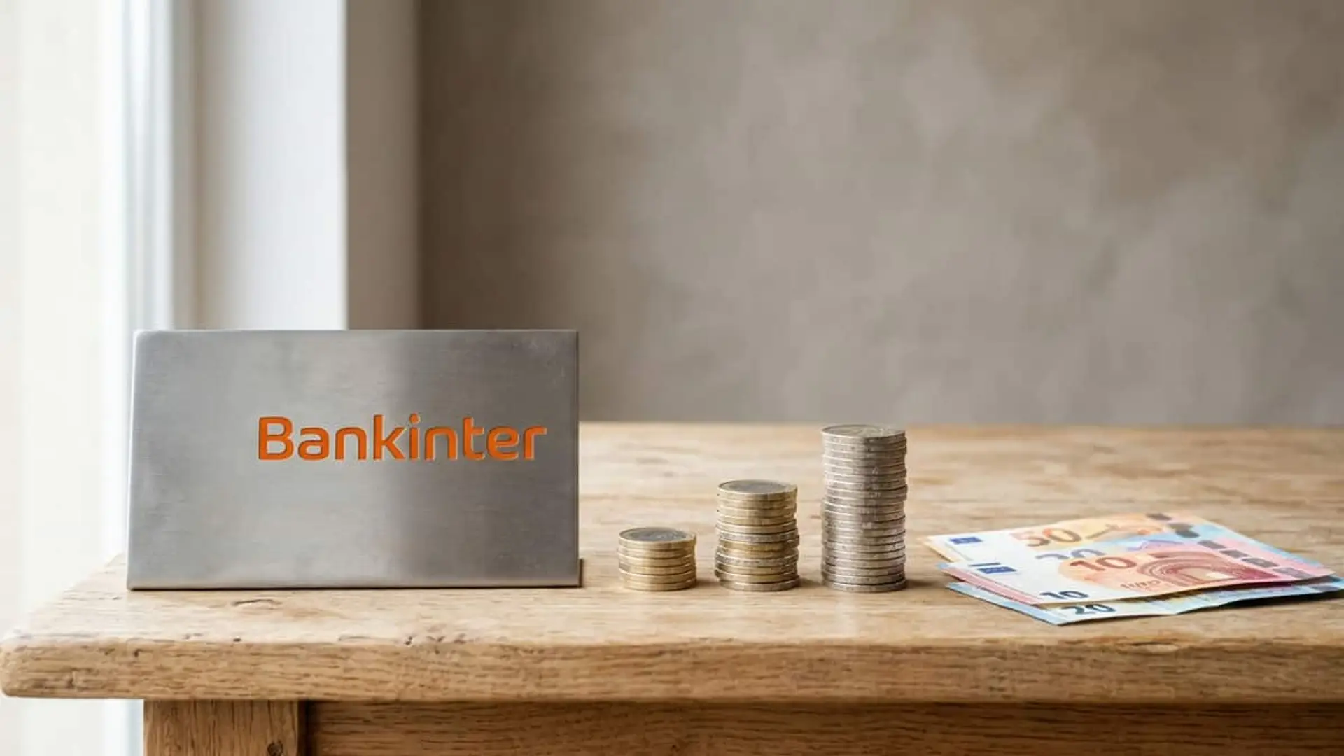 Bankinter gana 901 millones hasta septiembre, pero cae un 7,56% en bolsa Logotipo de Bankinter sobre una placa metálica, junto a tres pilas de monedas de distintas alturas y varios billetes de euro.