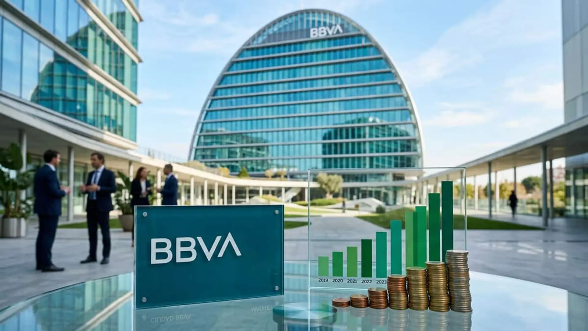BBVA supera los 6.000 millones por primera vez en un semestre y remodela su cúpula Sede de BBVA junto a un gráfico de barras ascendente y varias pilas de monedas que representan el crecimiento de sus beneficios