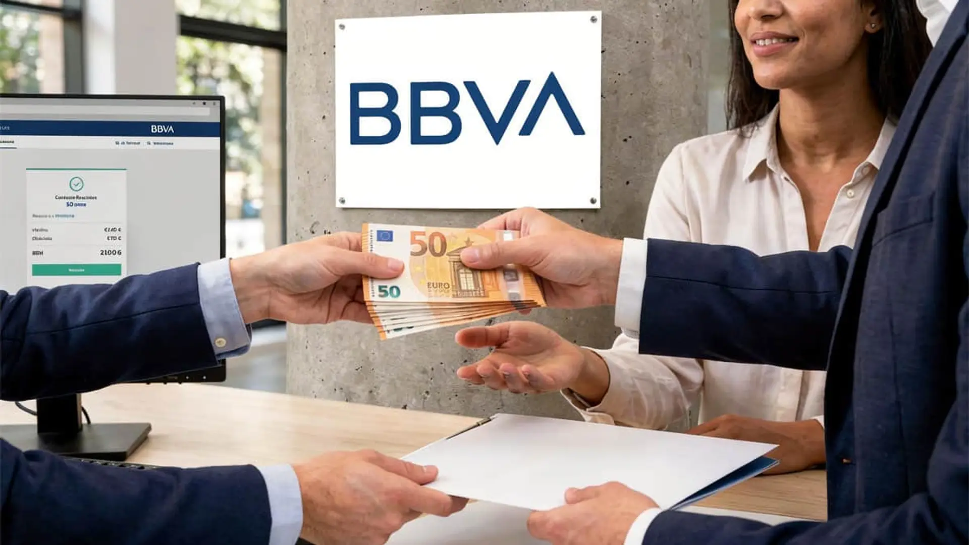 Empleado bancario entregando billetes de euro a un cliente en una oficina de BBVA.