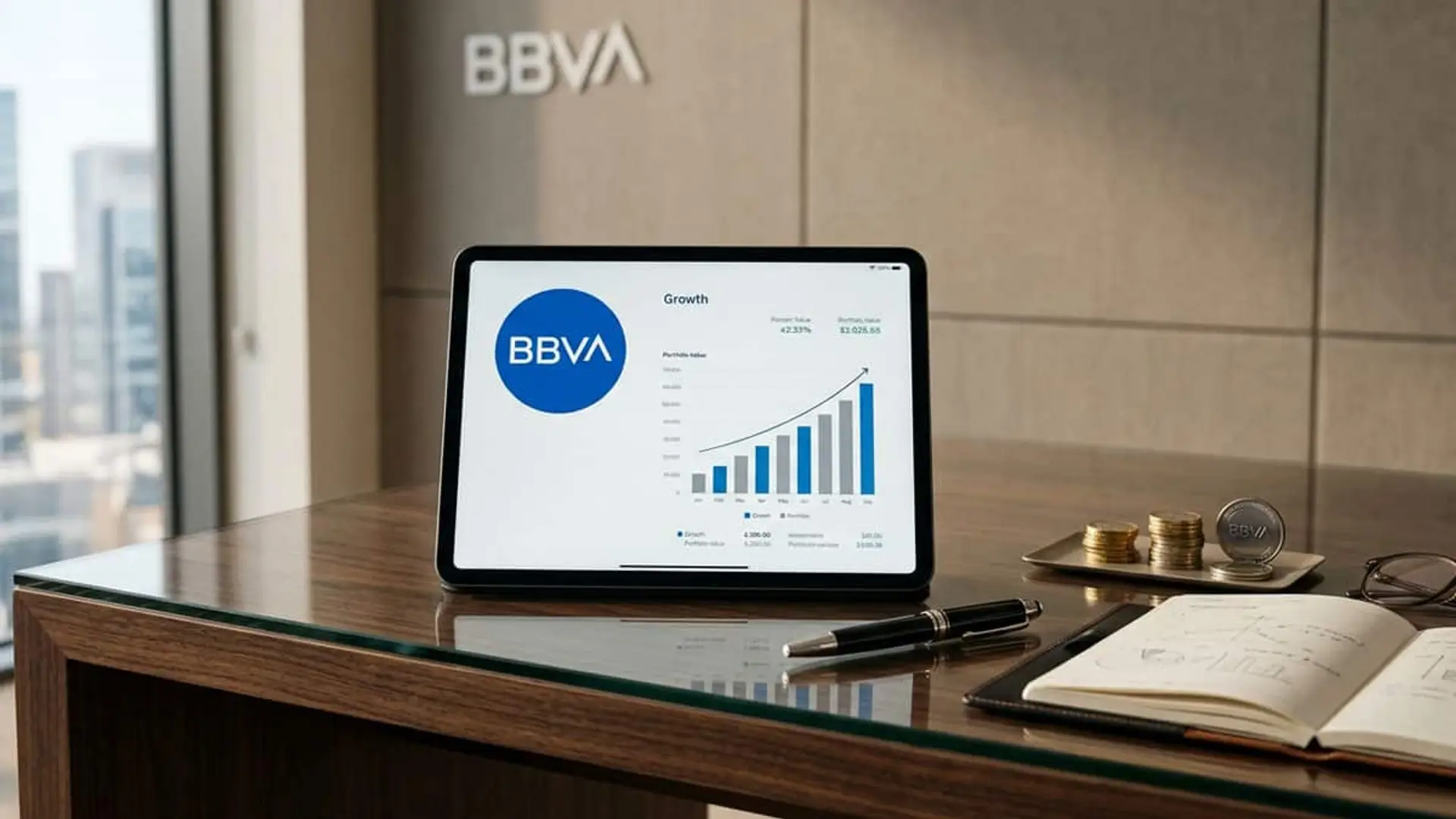 Tablet con el logo de BBVA y un gráfico de crecimiento junto a monedas sobre una mesa de oficina