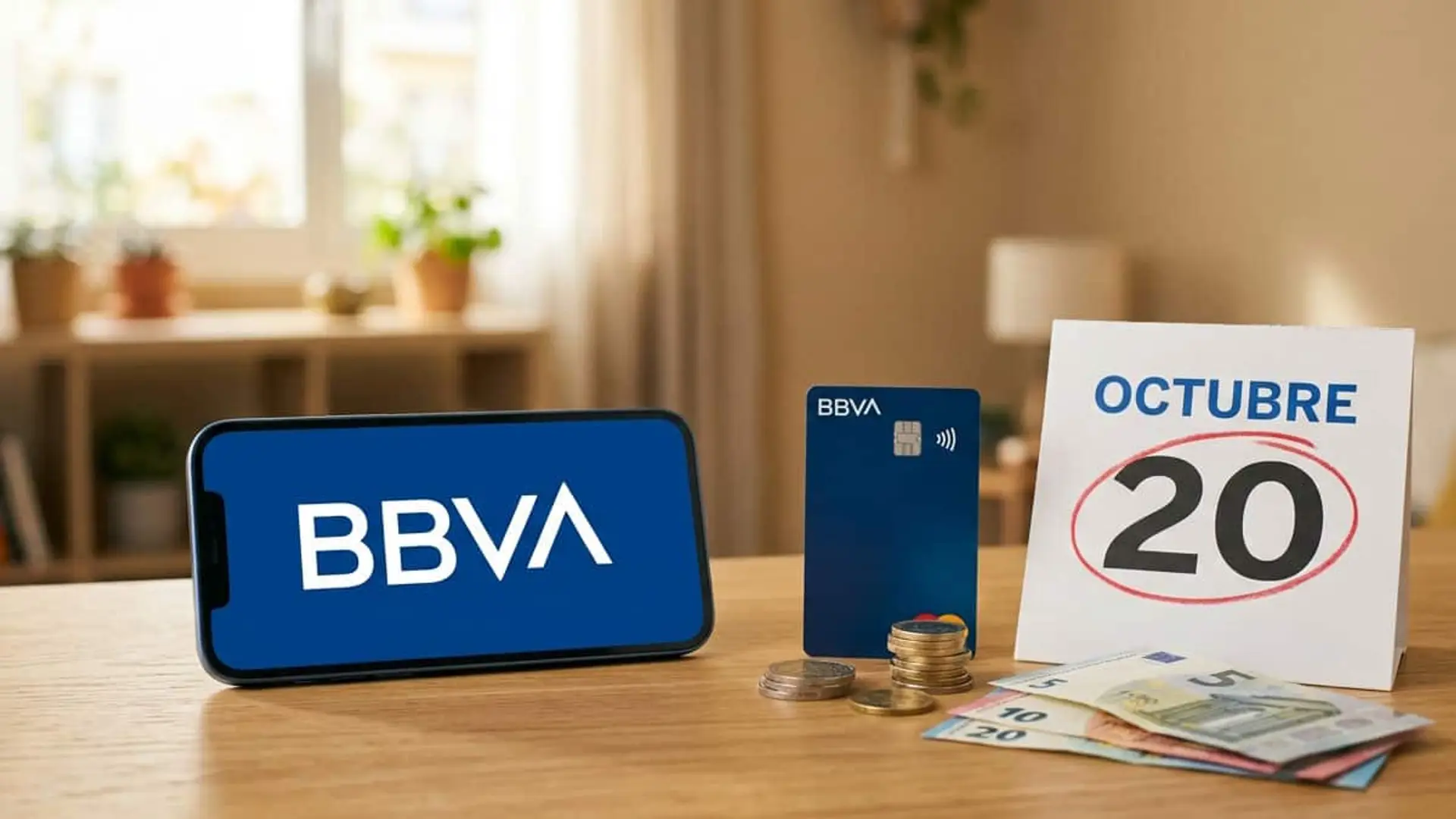 Así se cobra parte del Plan 1.060 de BBVA: no hace falta cumplir los cinco requisitos Móvil y tarjeta de BBVA junto a un calendario con el 20 de octubre marcado y varios billetes y monedas