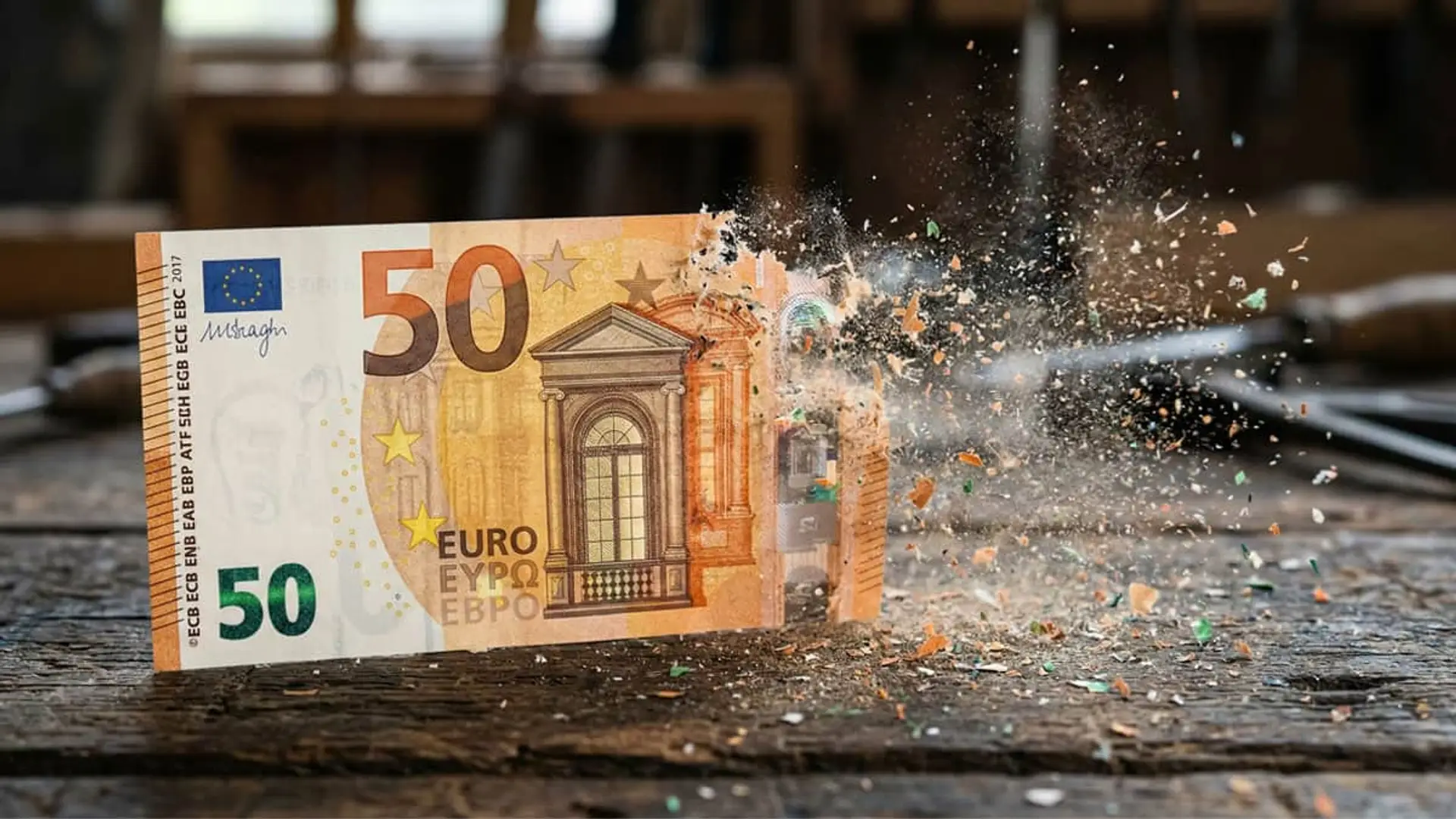 Tu dinero vale un 2,3% menos que hace un año: 4 activos que están batiendo a la inflación en 2026 Billete de 50 euros desintegrándose en polvo sobre mesa de madera. Metáfora visual de inflación y pérdida de dinero.