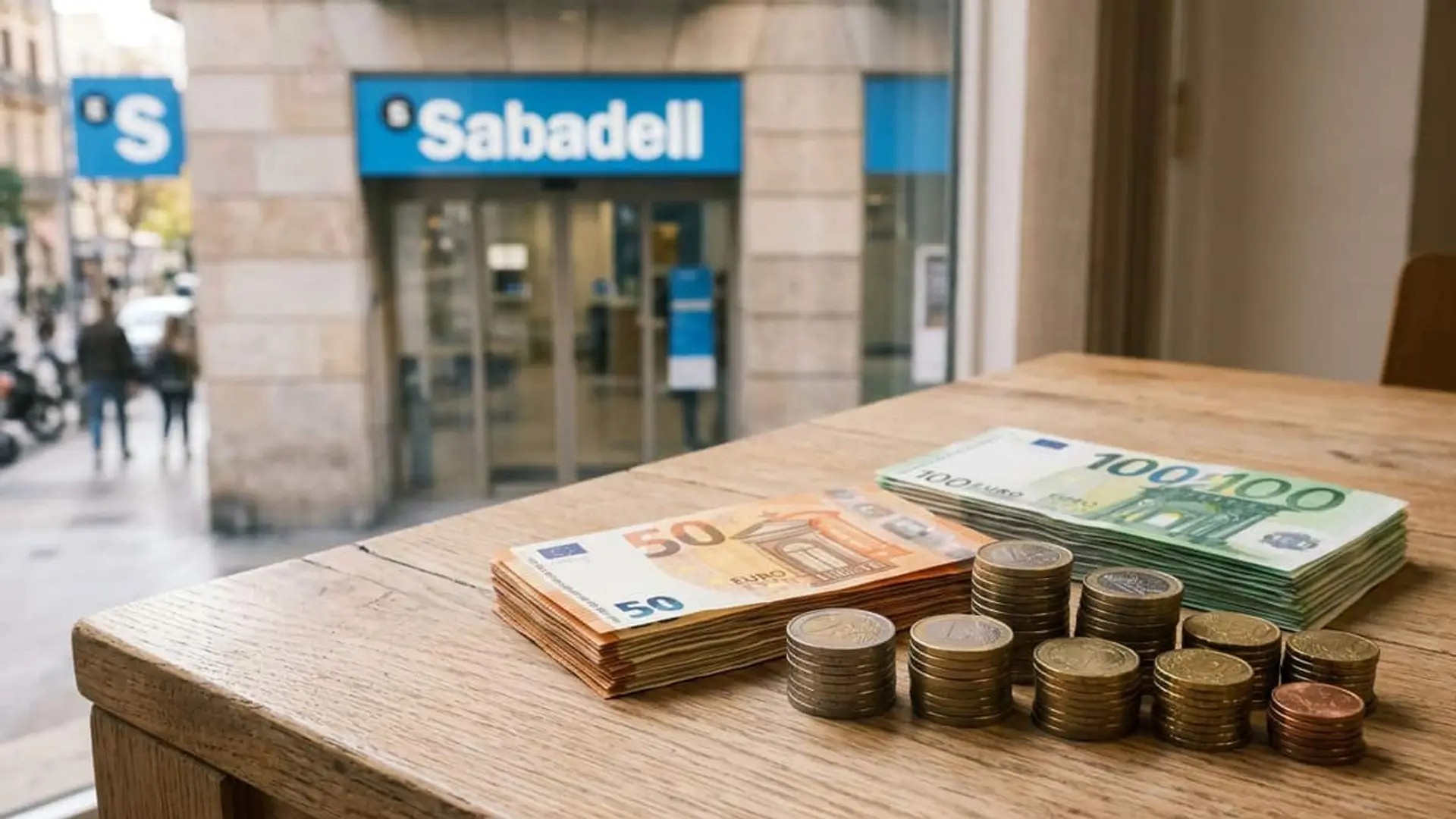 Pilas de billetes de 50 y 100 euros y monedas sobre una mesa, con una oficina de Banco Sabadell al fondo.