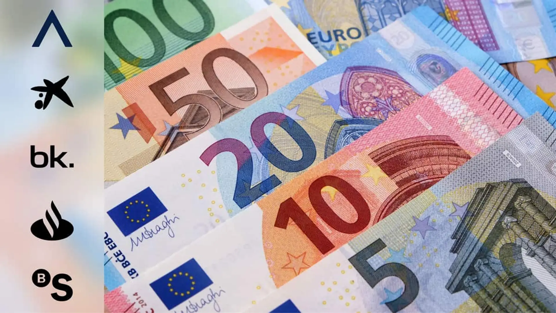 El impuesto a la banca lo pagan casi en exclusiva cuatro entidades: el resto ha encontrado la salida legal Billetes de euro en primer plano con una columna lateral de logotipos bancarios