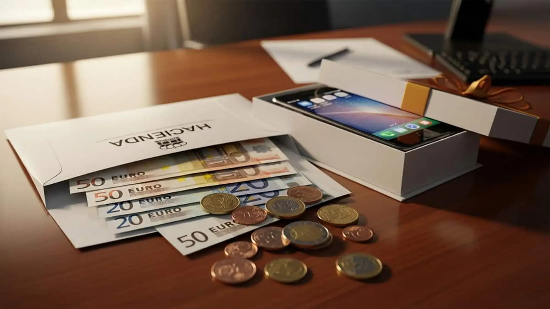 Billetes y monedas de euro junto a un sobre de Hacienda y una caja de regalo con un teléfono móvil sobre una mesa de oficina.