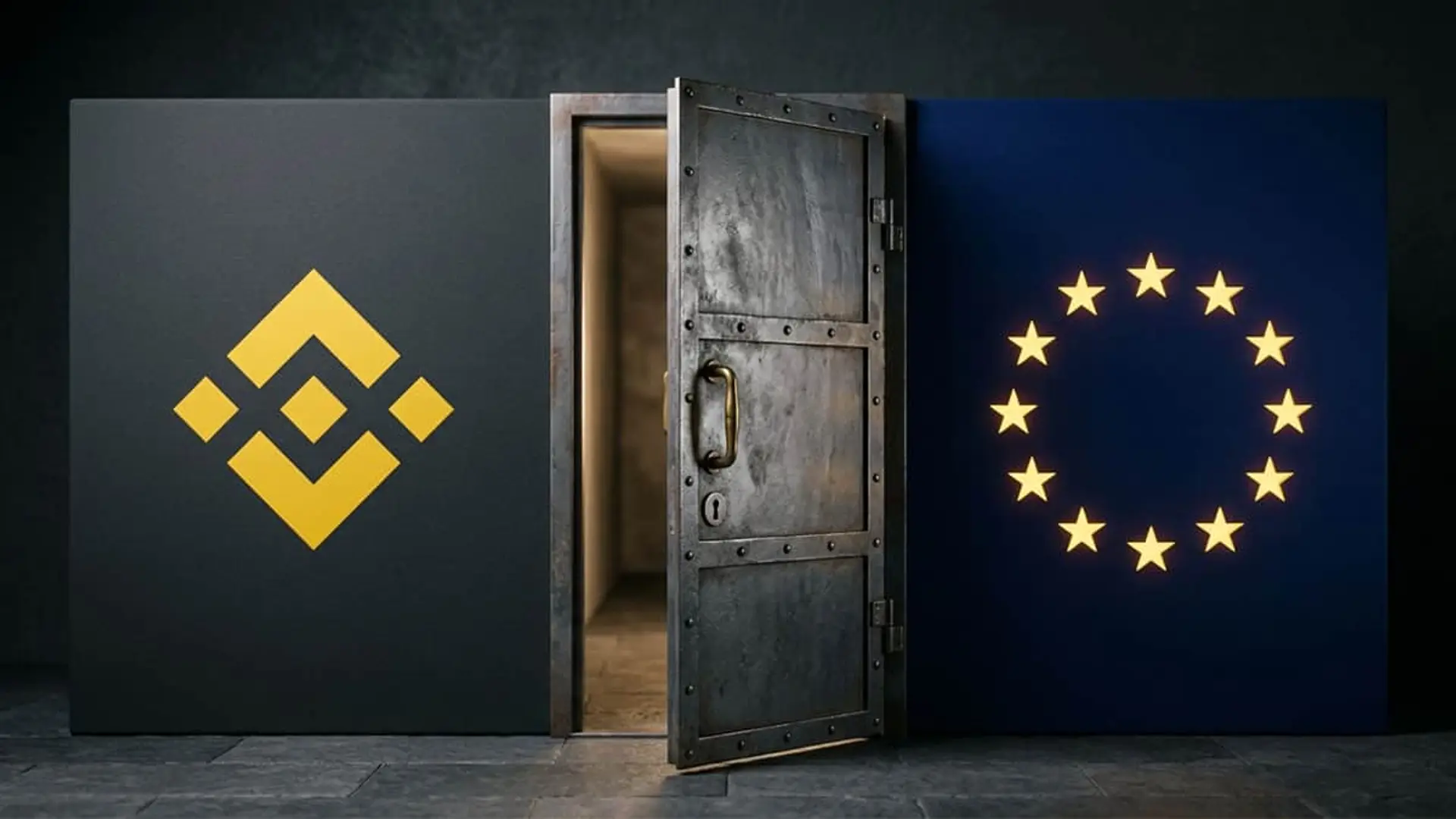 Binance y bandera de la Unión Europea junto a una puerta abierta de una cámara acorazada