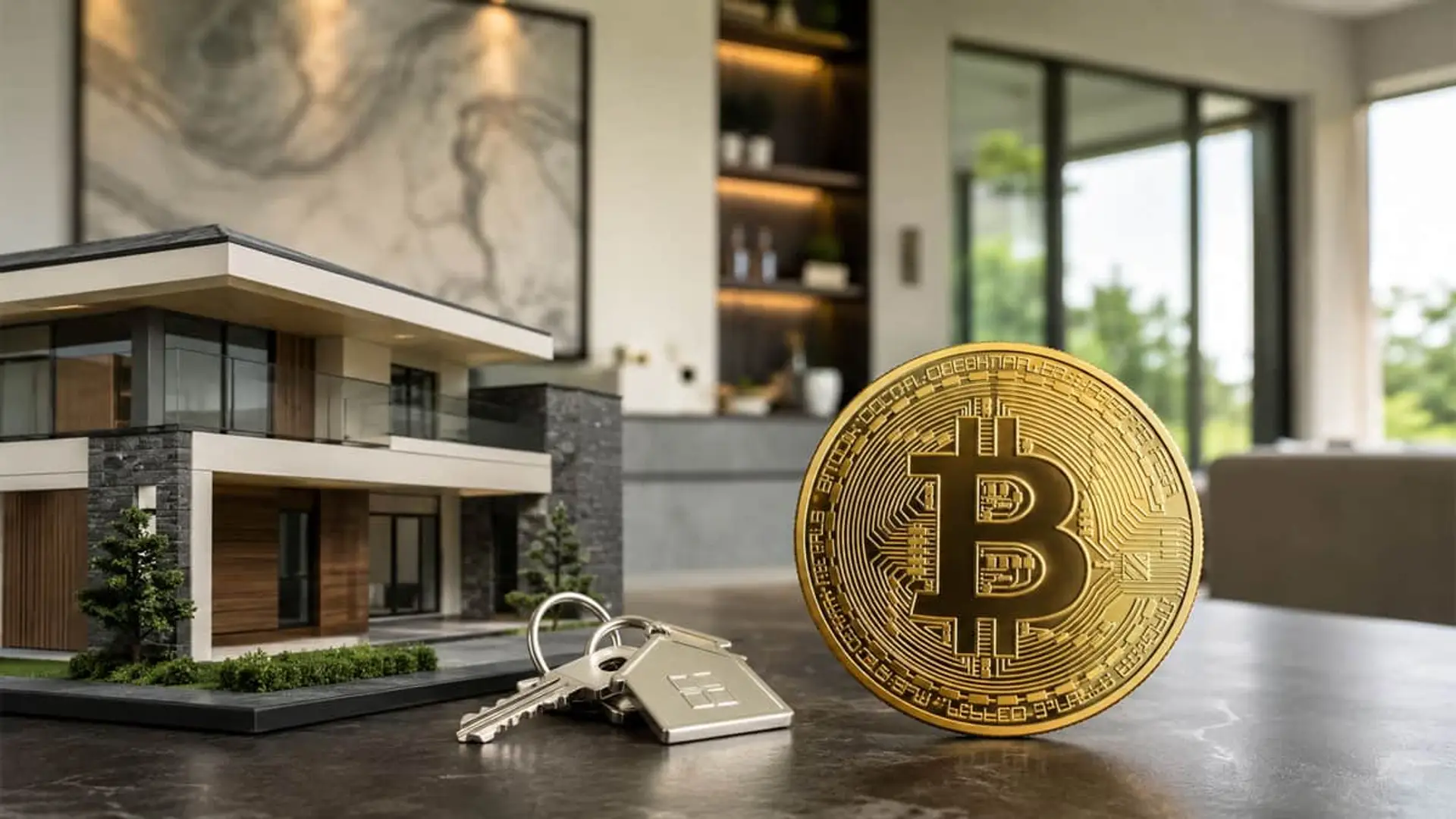 Bitcoin y ladrillo se dan la mano: la hipoteca de Coinbase y Better ya está disponible Bitcoin junto a una maqueta de vivienda y unas llaves como representación de comprar casa con criptomonedas