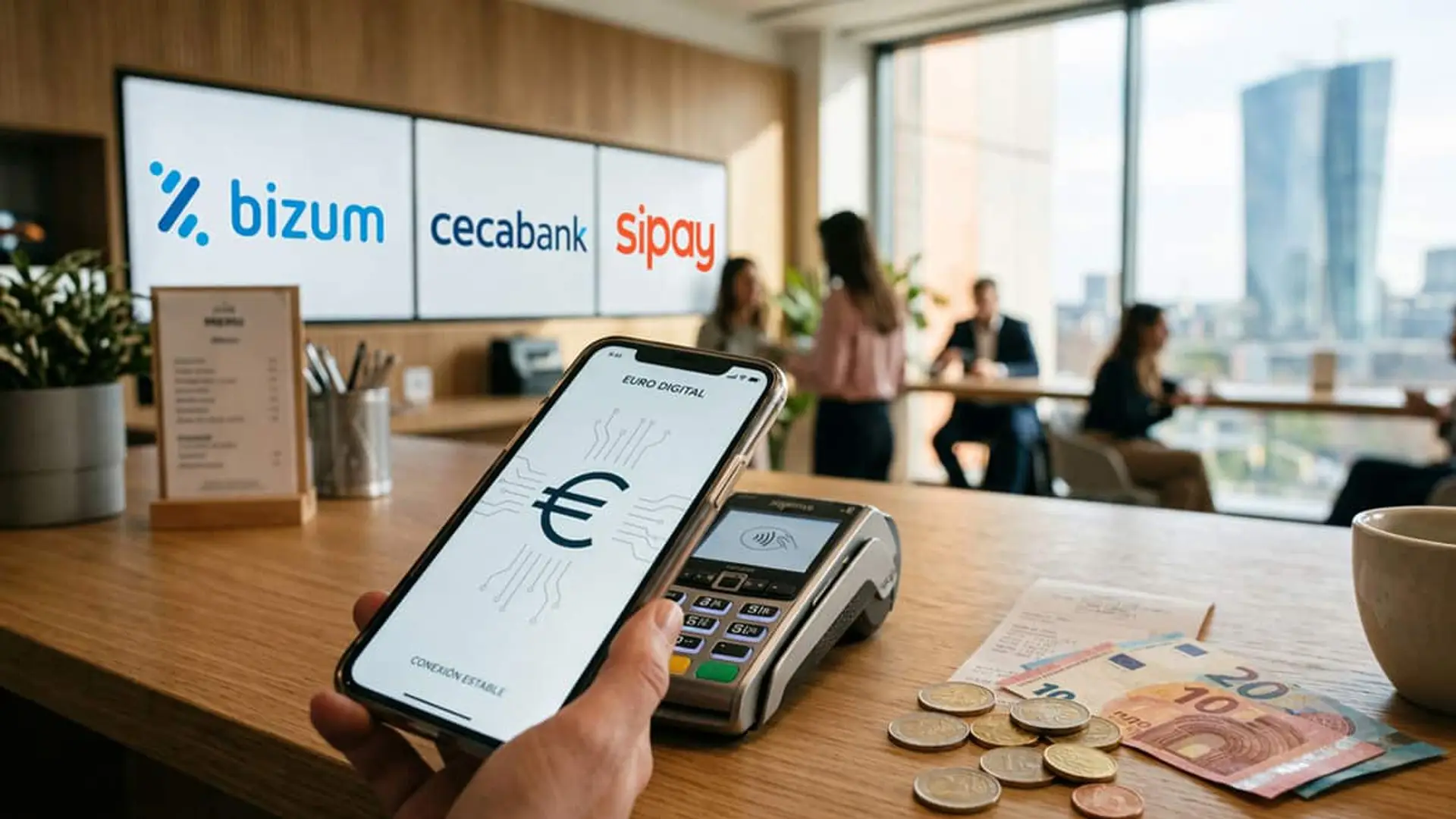 Así probarán Cecabank, Bizum y Sipay el euro digital antes de su posible llegada en 2029 Persona realizando un pago con un teléfono móvil que muestra el euro digital junto a un terminal de pago, con los logotipos de Bizum, Cecabank y Sipay al fondo