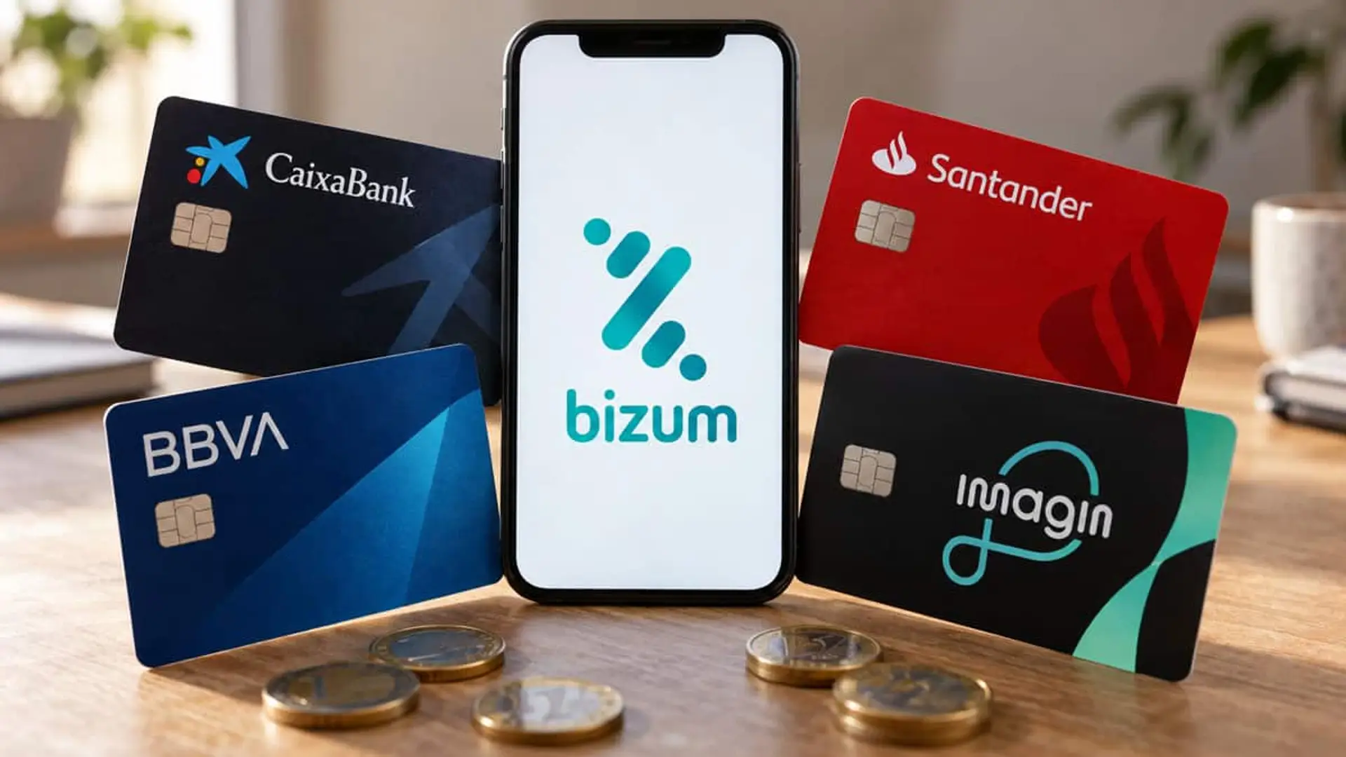 Solo BBVA sube en Bizum entre los bancos tradicionales: Kutxabank y Bankinter caen más de 7 puntos Teléfono móvil con el logotipo de Bizum rodeado de tarjetas bancarias de CaixaBank, Santander, BBVA e imagin, con varias monedas de euro sobre una mesa de madera.