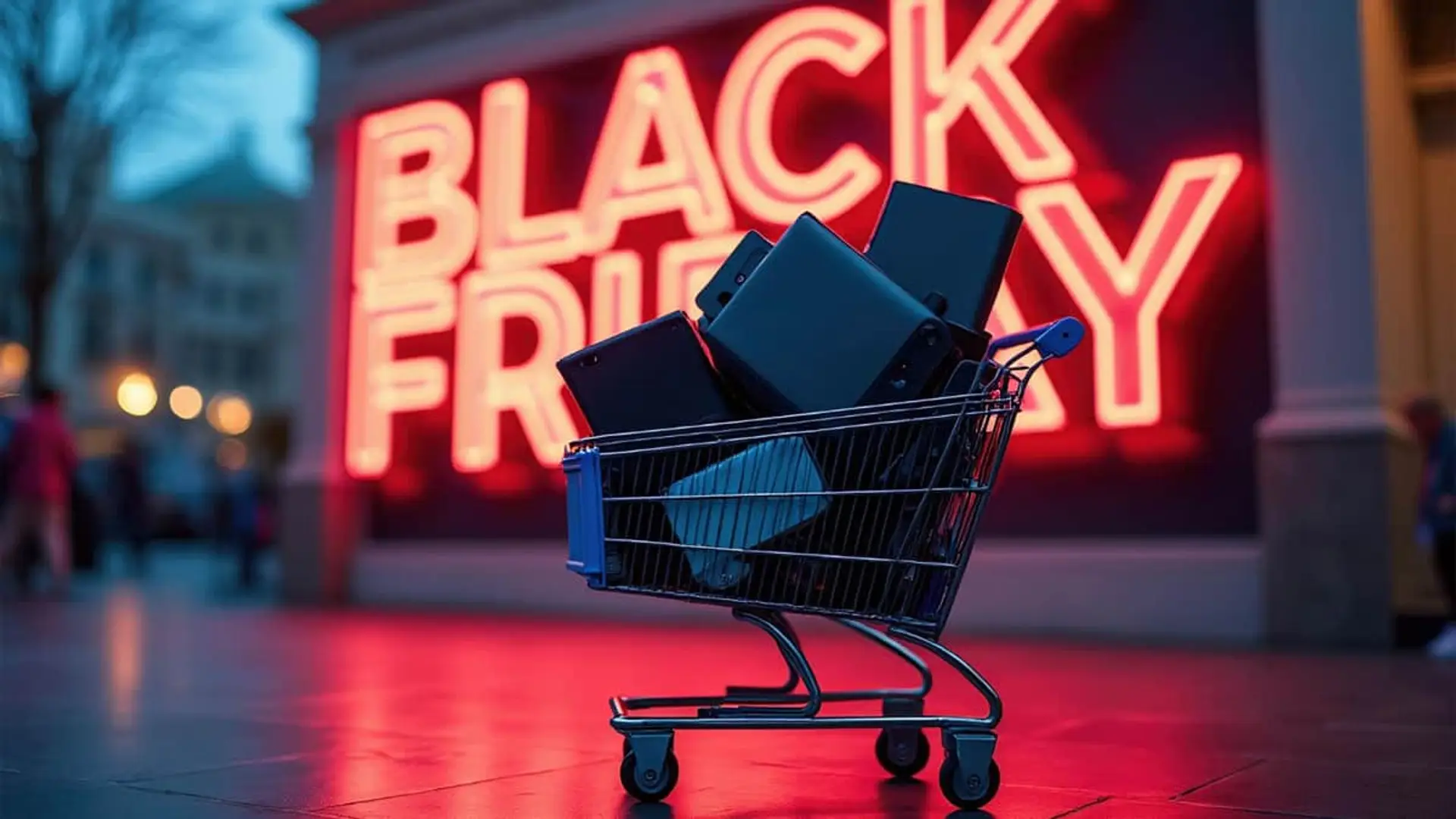 Carrito de la compra lleno frente a letrero de neón rojo anunciando ofertas de Black Friday