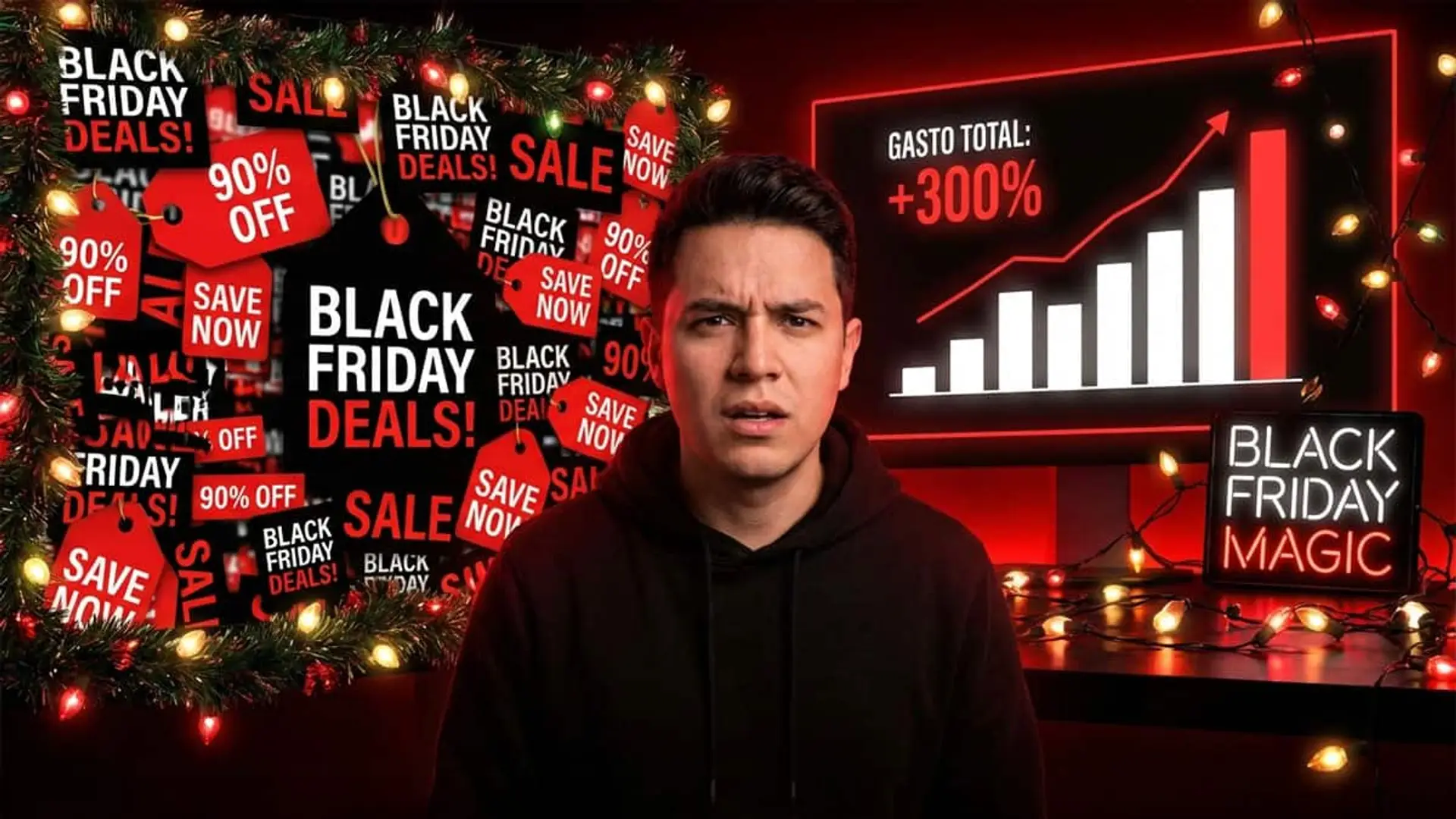 Joven confundido frente a múltiples carteles de ofertas de Black Friday y un gráfico que muestra un aumento del gasto del 300%