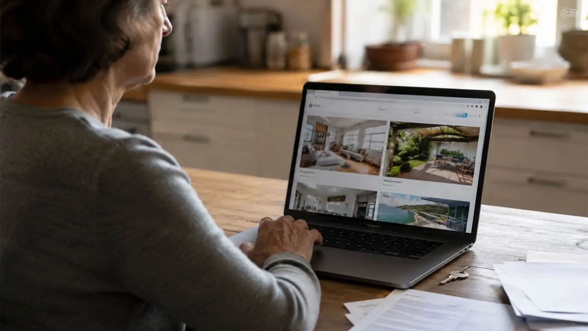 El error fiscal más frecuente en el alquiler vacacional no es ocultar ingresos a Hacienda Persona buscando vivienda online en portátil con plataforma inmobiliaria y opciones de alquiler