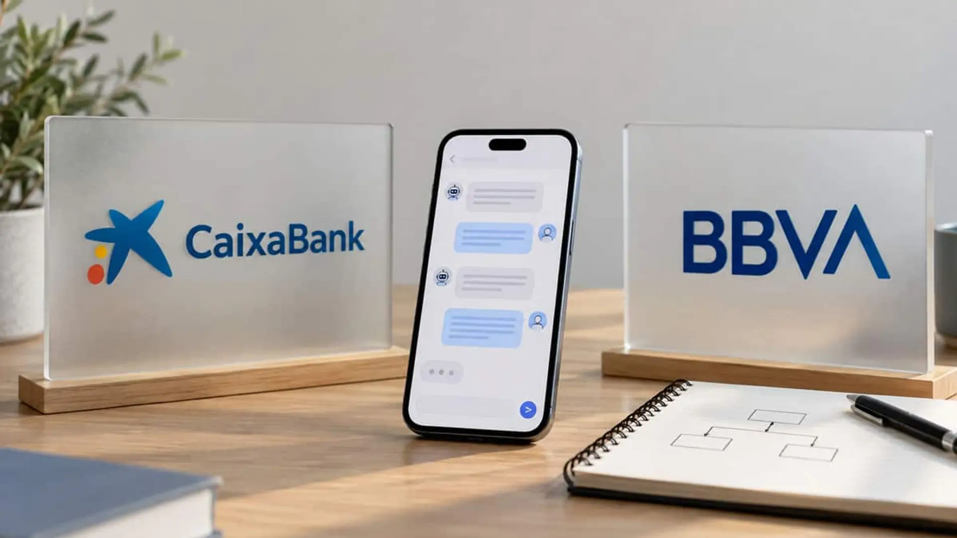 Móvil con un chat bancario entre paneles con los logotipos de CaixaBank y BBVA