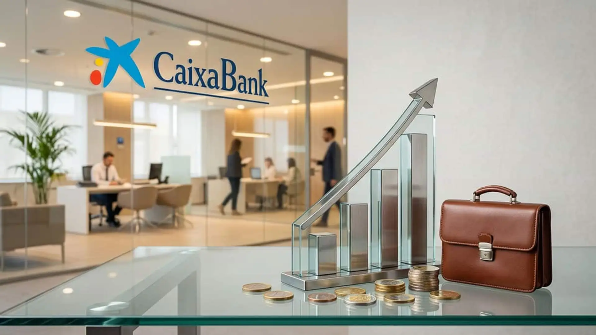 CaixaBank gana 3.203 millones, récord histórico, y pagará hasta 1.281 millones en dividendos Logotipo de CaixaBank en una oficina junto a un gráfico de barras ascendente, monedas y una cartera de trabajo