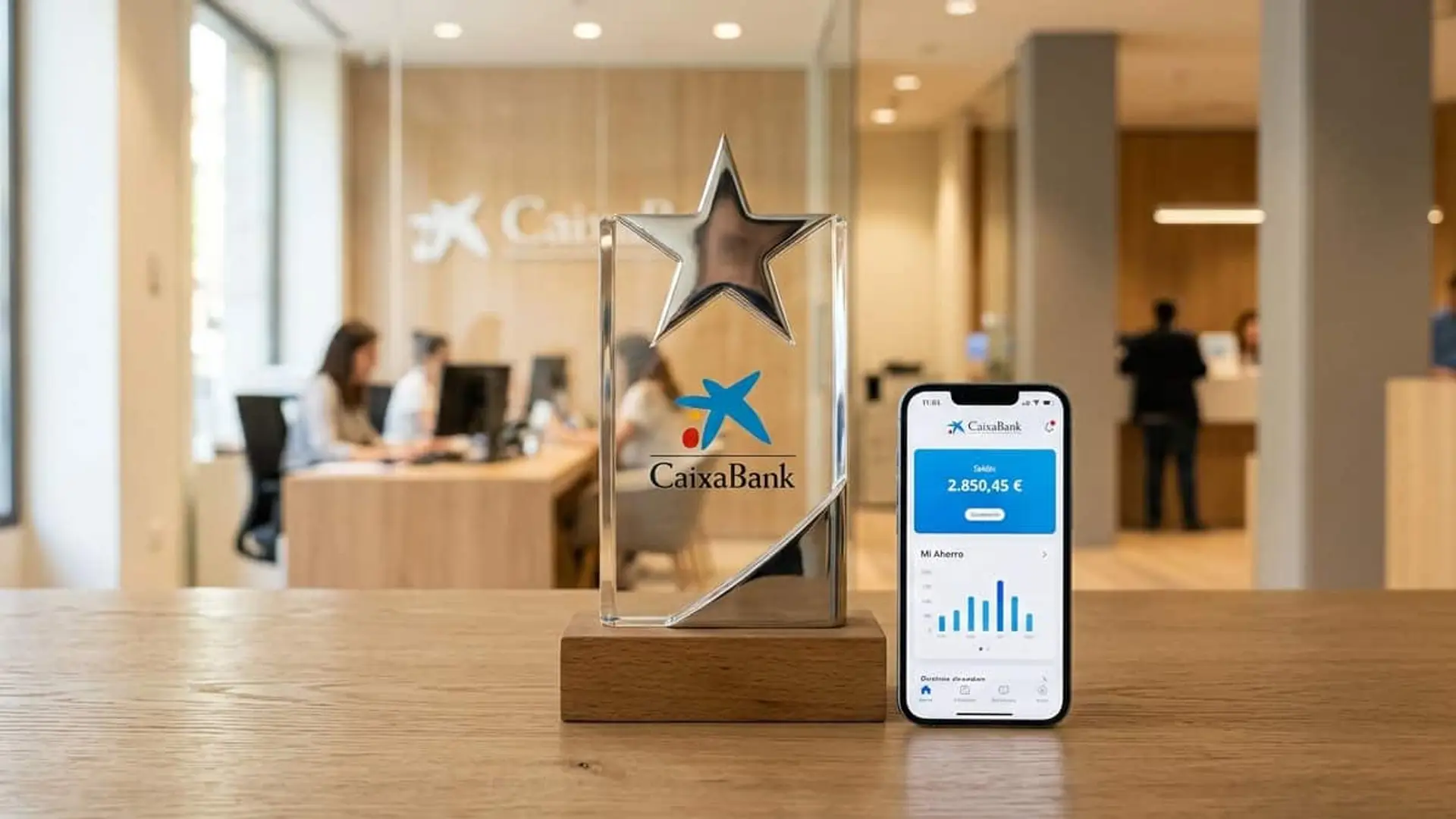 CaixaBank, mejor banco digital para particulares en España según Global Finance: los cinco premios Trofeo de cristal con el logotipo de CaixaBank junto a un móvil con su aplicación bancaria, en una oficina de la entidad.