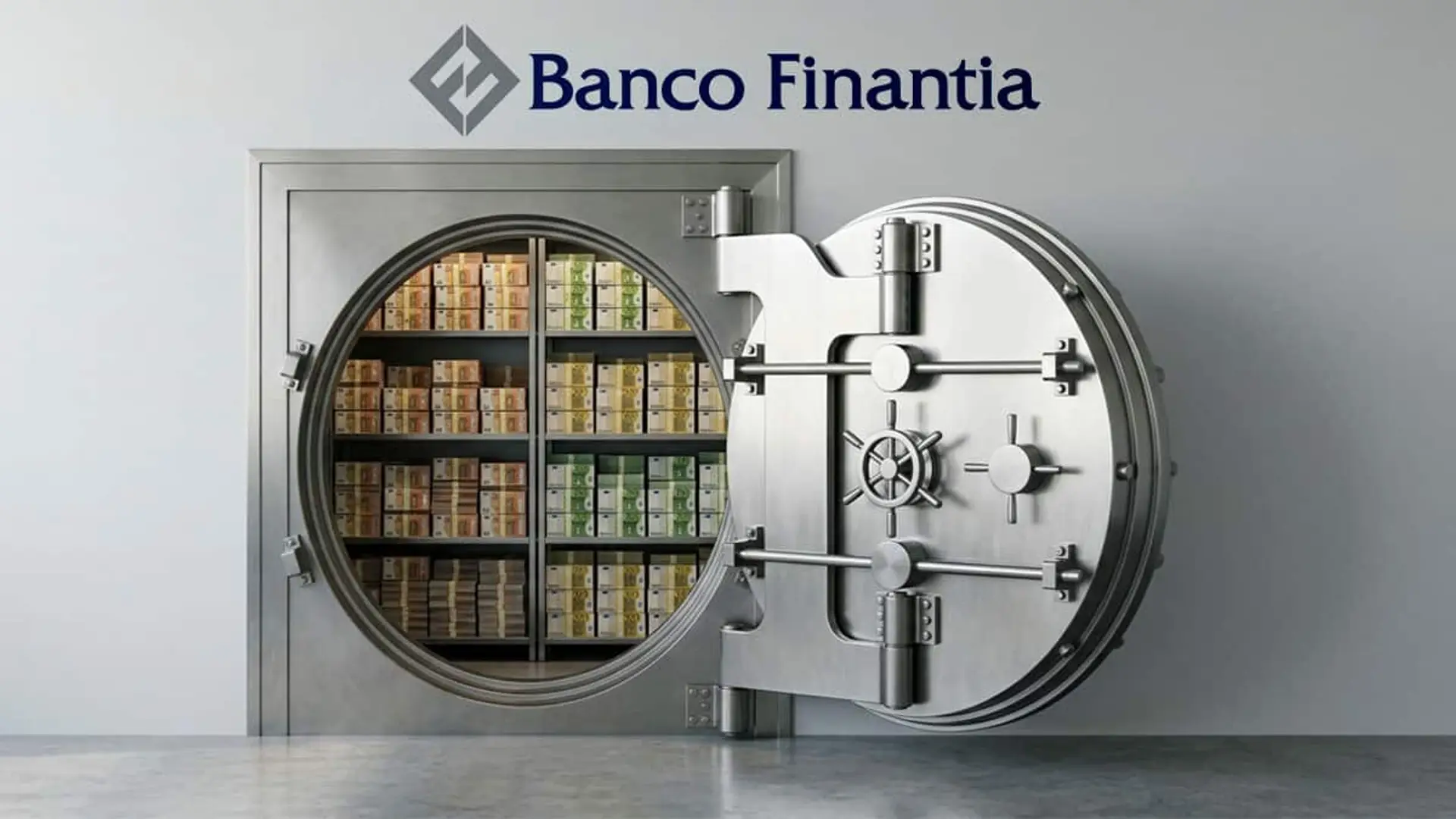 Caja fuerte abierta con fajos de billetes y el logotipo de Banco Finantia sobre fondo claro