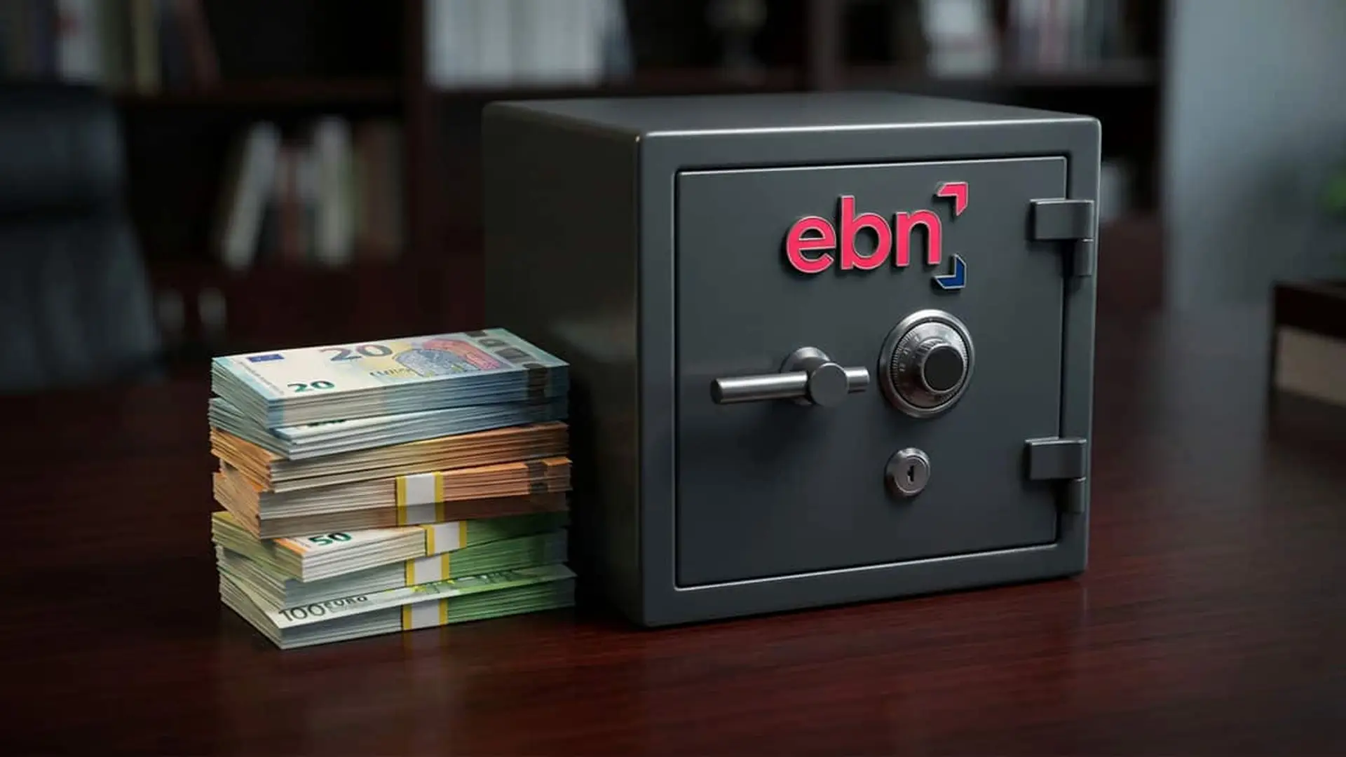 EBN Banco mueve ficha en el ahorro: sube al 2,60% TAE su depósito a 24 meses con un solo requisito Caja fuerte con el logotipo de EBN junto a varios fajos de billetes sobre una mesa