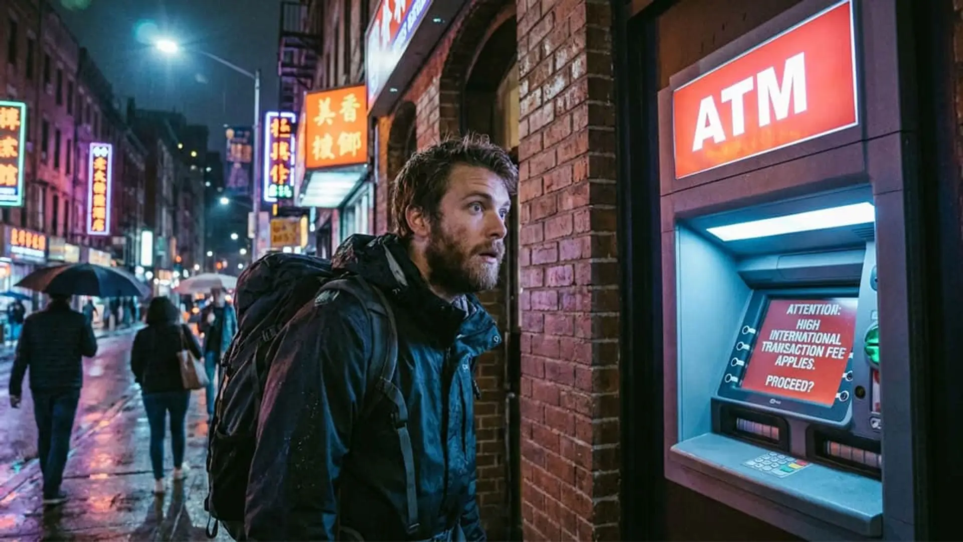 Cuánto cuesta realmente sacar dinero en el extranjero y cómo evitar sus comisiones ocultas Viajero consulta un cajero automático con aviso de comisión internacional en una calle urbana nocturna