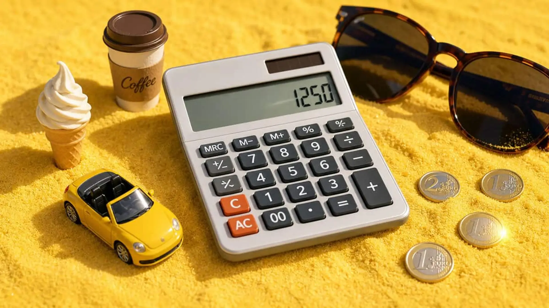 Calculadora sobre arena junto a un coche en miniatura, un helado, un café para llevar, unas gafas de sol y monedas de euro