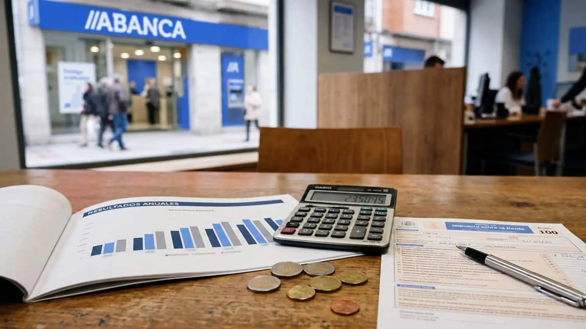 Calculadora sobre gráficos financieros y un formulario de la renta, con una oficina de ABANCA al fondo.