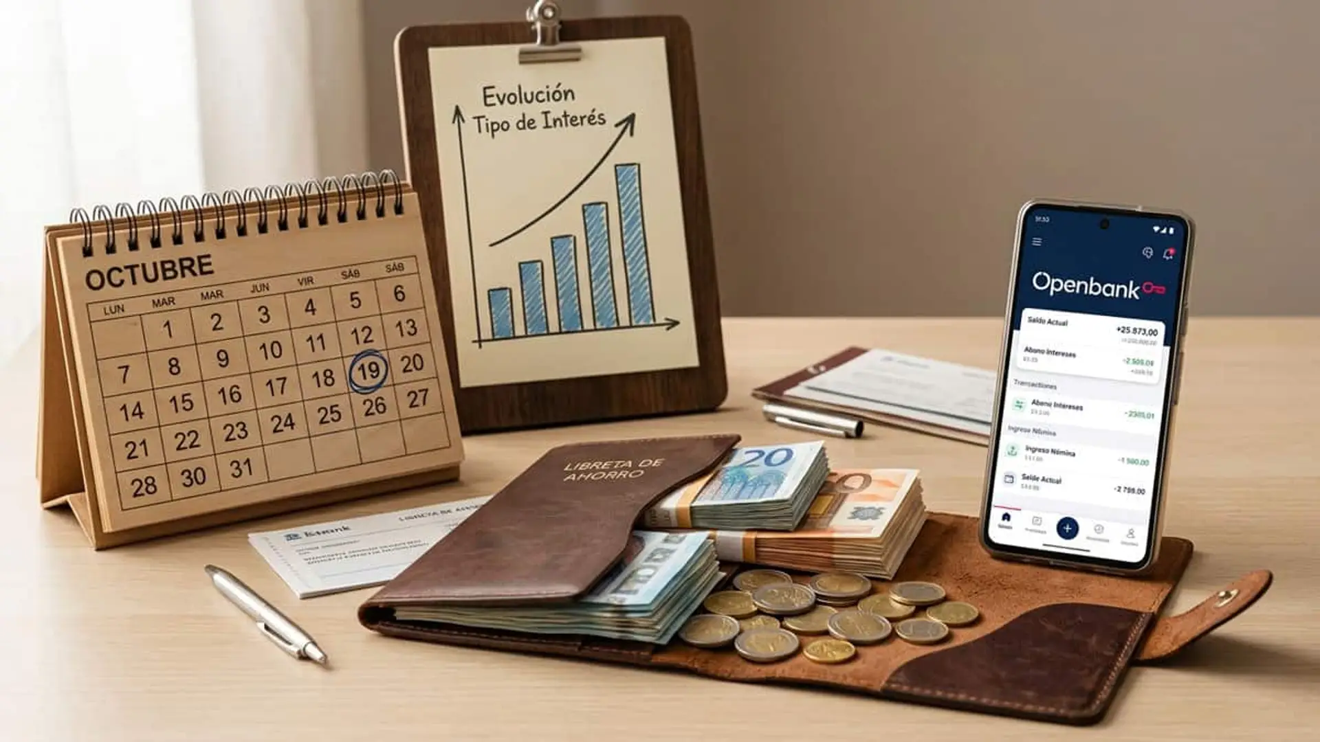 Openbank quiere más depósitos y sube al 2,75% TAE el interés de su producto a seis meses Calendario, gráfico de tipos de interés, dinero y móvil con la aplicación de Openbank