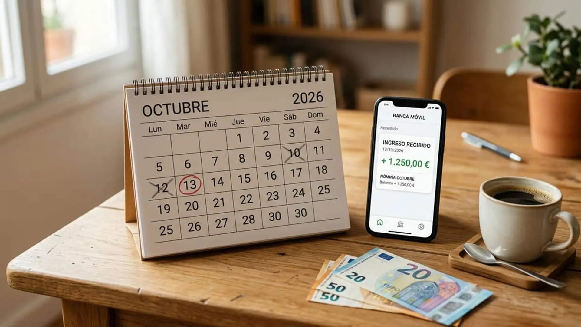 Mismo paro, distinto día de cobro: qué banco lo ingresa el 9, el 10 o el 13 de octubre Calendario de octubre de 2026 con el día 13 señalado junto a un móvil que muestra un ingreso bancario de 1.250 euros y varios billetes