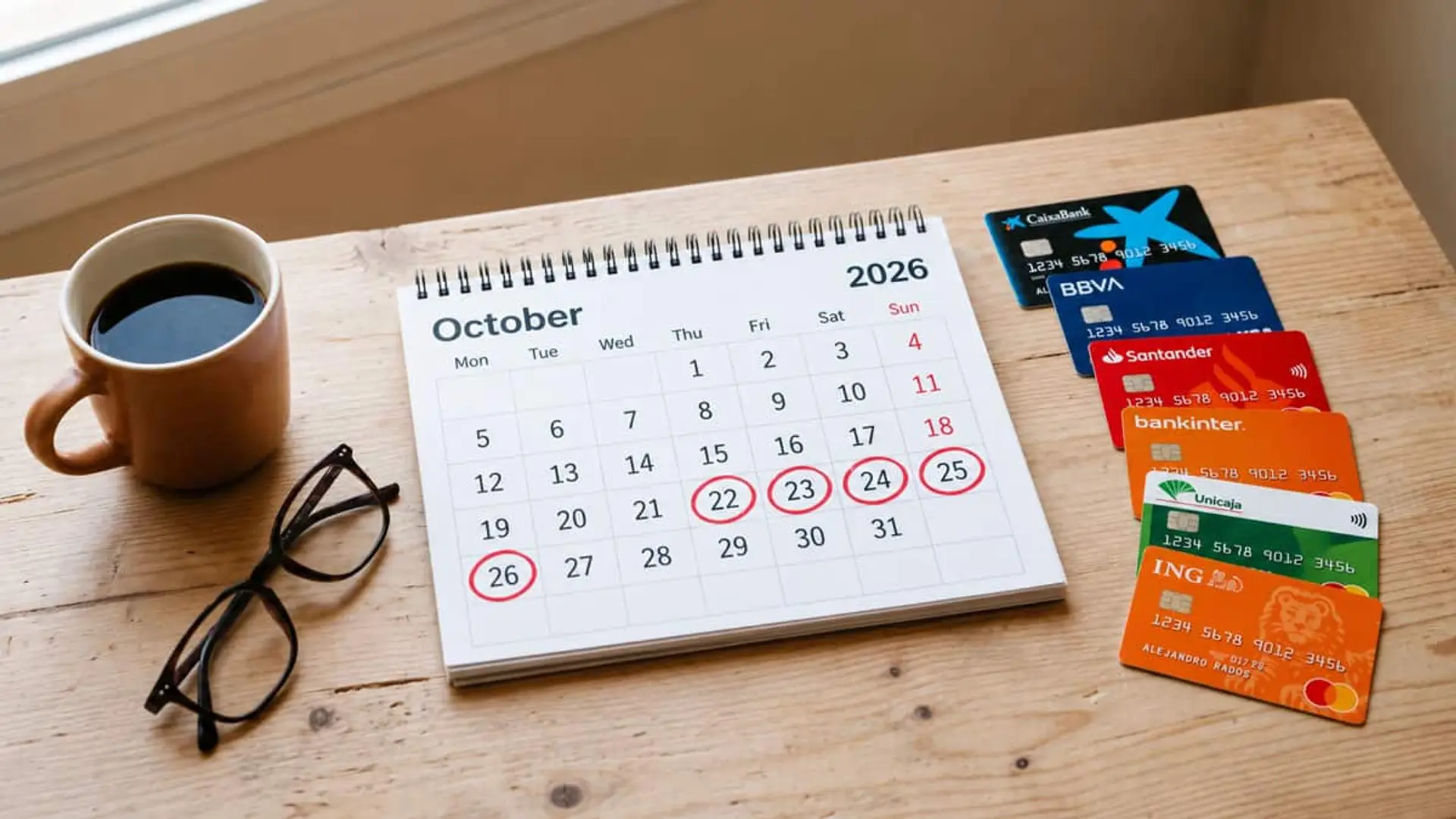 ¿Cuándo cobro la pensión de octubre? Bankinter y Unicaja pagan el 22 y CaixaBank el sábado 24 Calendario de octubre de 2026 con varios días marcados en rojo, junto a seis tarjetas bancarias, una taza de café y unas gafas.