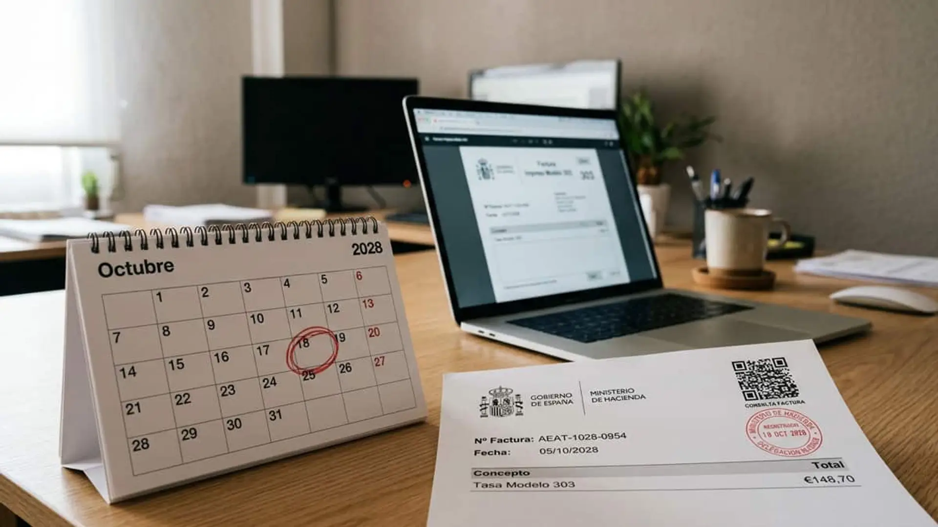Hacienda prevé una sola fecha para Verifactu: octubre de 2028, junto a la factura electrónica Calendario de octubre de 2028 junto a un portátil y una factura del Ministerio de Hacienda sobre un escritorio