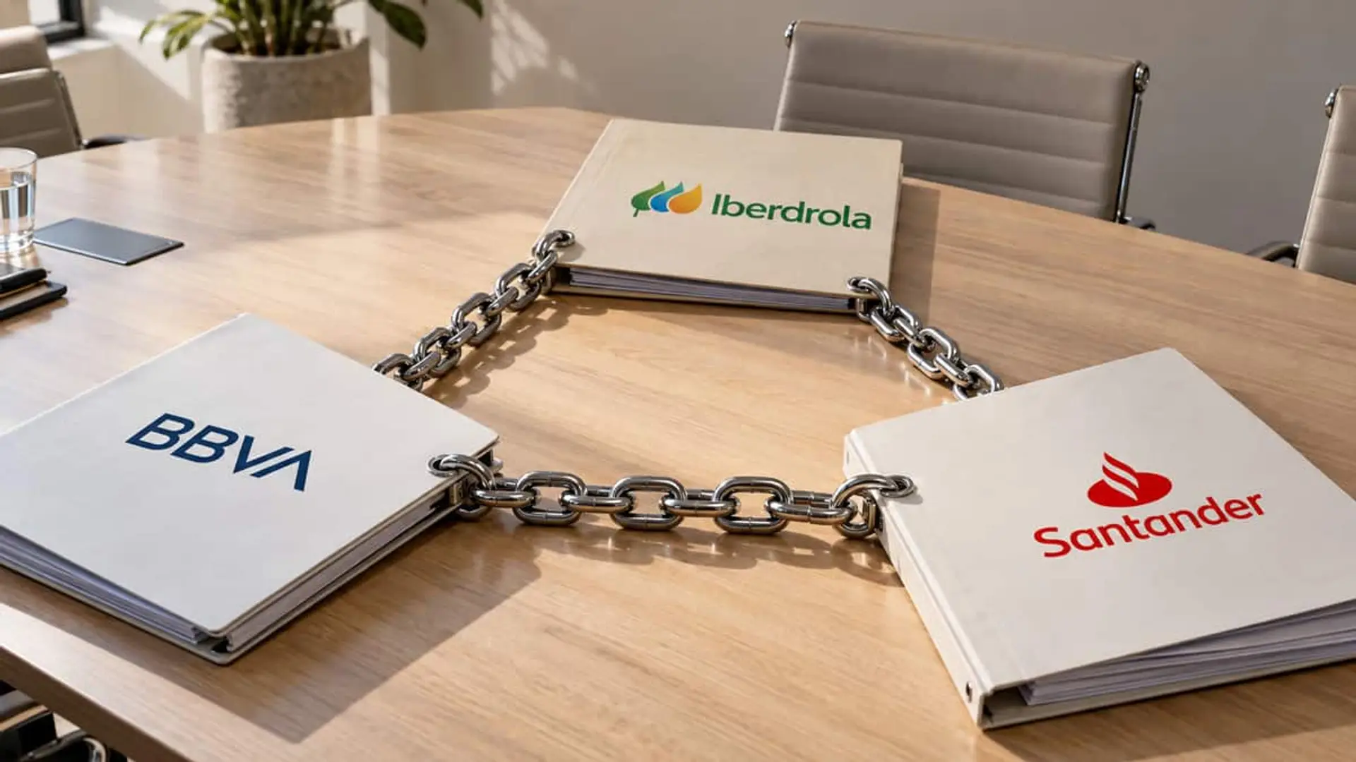 Iberdrola, BBVA y Santander cierran un préstamo de 150 millones en blockchain de principio a fin Tres carpetas con los logotipos de Iberdrola, BBVA y Santander sobre una mesa de reuniones de madera, unidas entre sí por cadenas metálicas formando un triángulo.