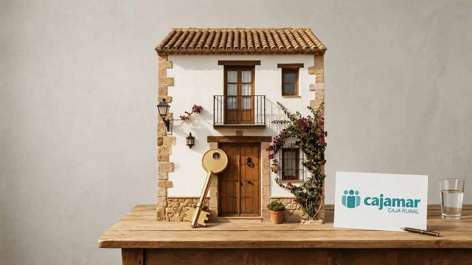Cajamar recupera su hipoteca fija desde el 2,85%: esto es lo que exige a cambio Casa tradicional con llave dorada y cartel de Cajamar sobre una mesa de madera.