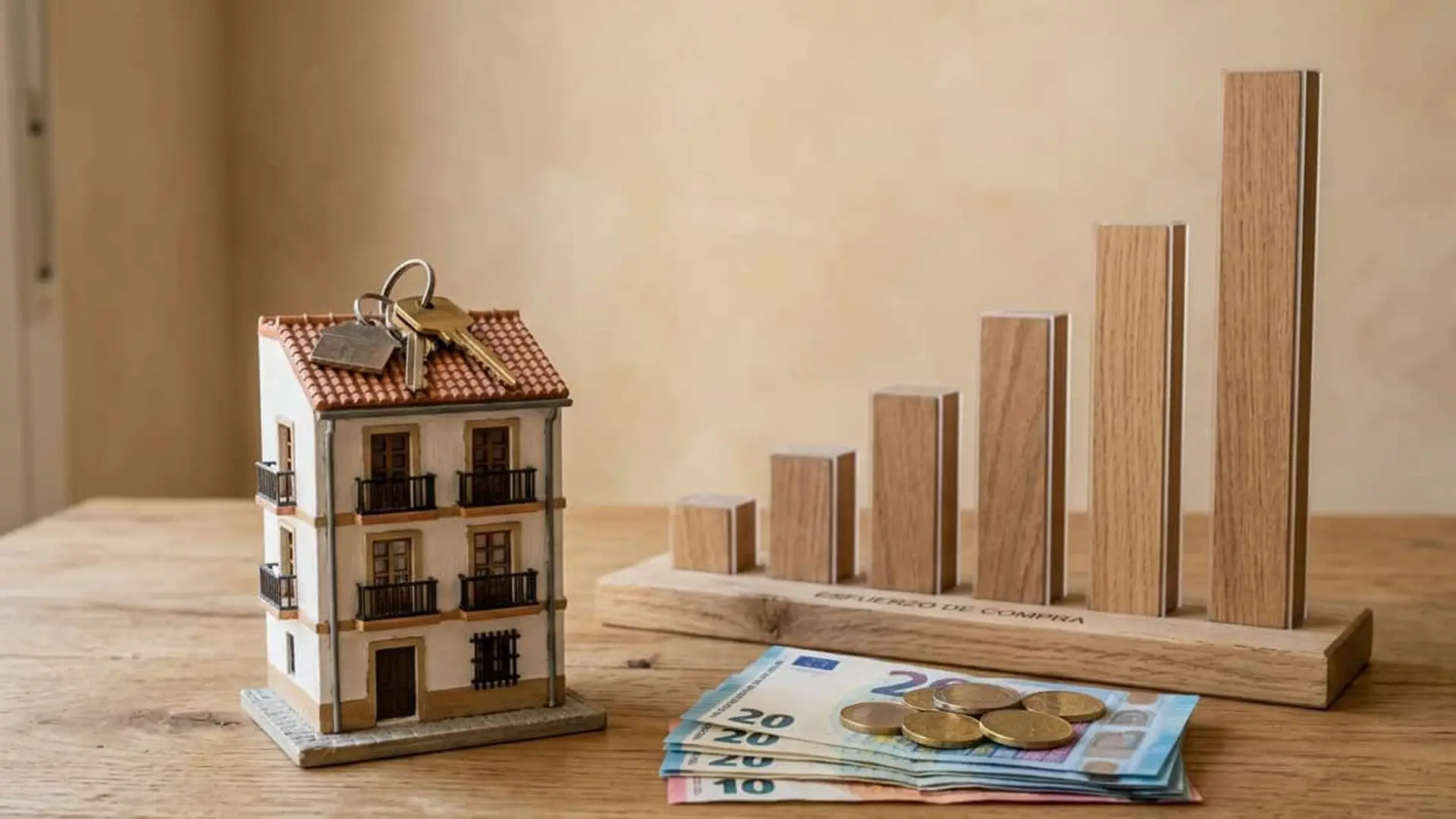 El Banco de España cifra en casi 7 años la renta necesaria para comprar una casa Maqueta de una vivienda con llaves, billetes y monedas de euro junto a un gráfico de barras ascendente