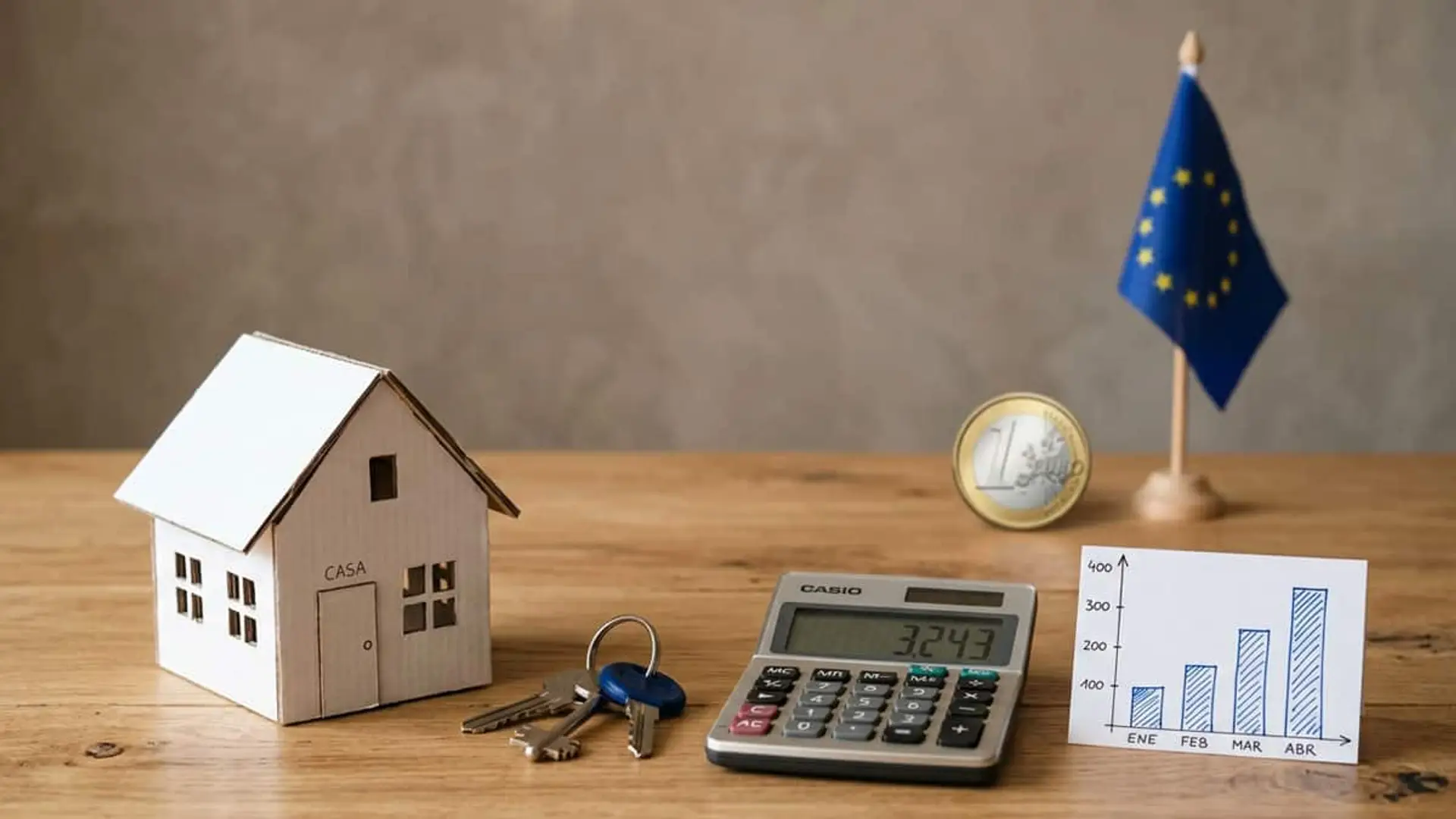 Casa, llaves y calculadora junto a un gráfico ascendente, una moneda de euro y la bandera de la Unión Europea