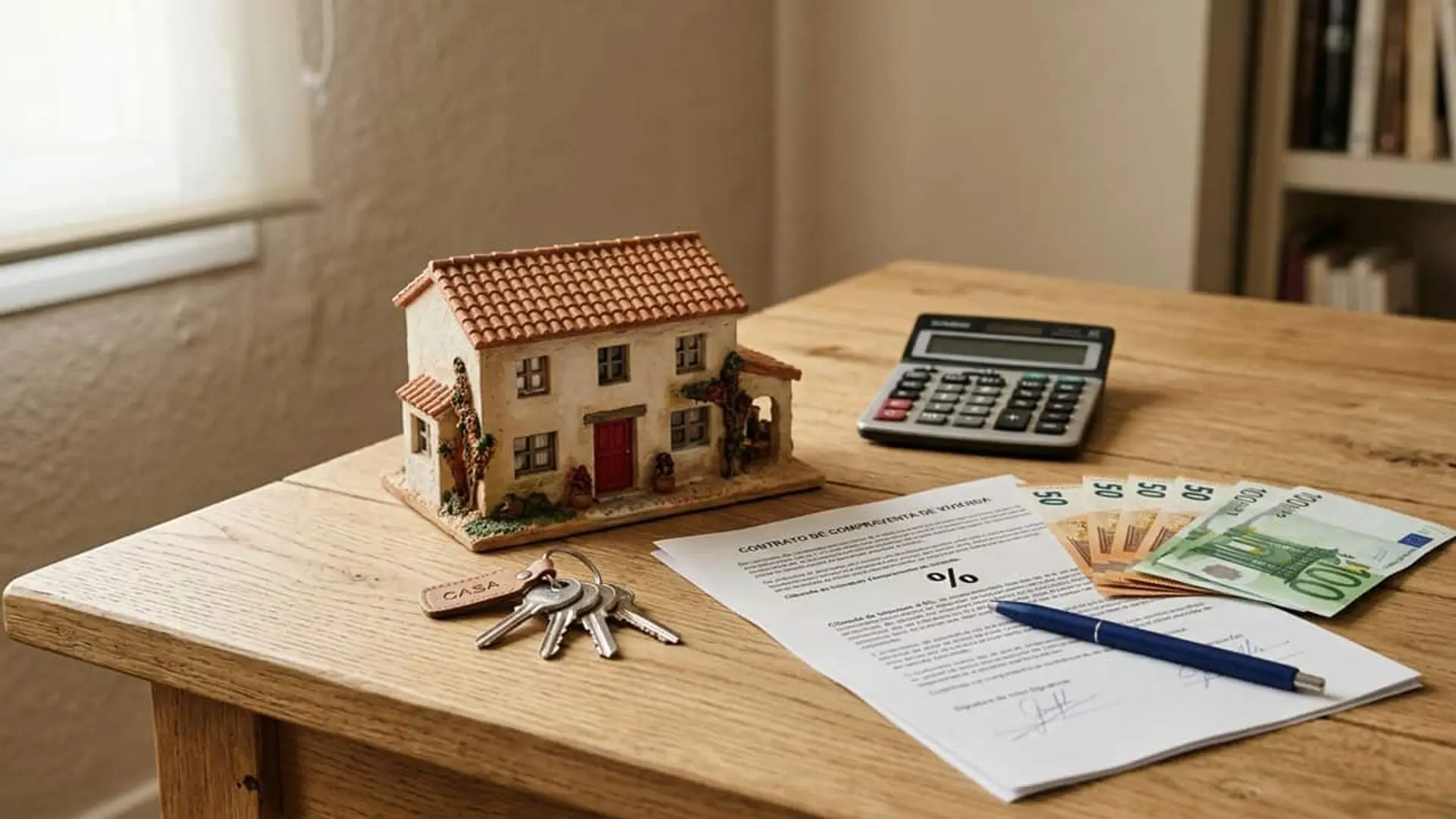 Maqueta de una casa junto a unas llaves, un contrato de compraventa, billetes de euro y una calculadora sobre una mesa