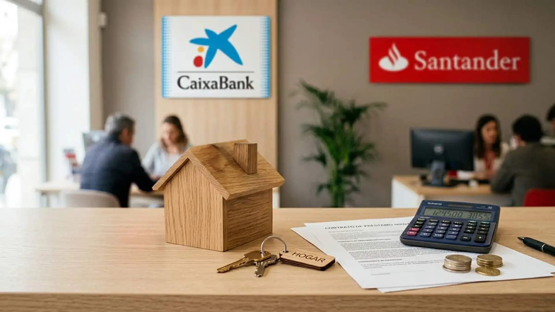 Casa de madera, llaves, contrato hipotecario, calculadora y monedas en una oficina con los logos de CaixaBank y Santander