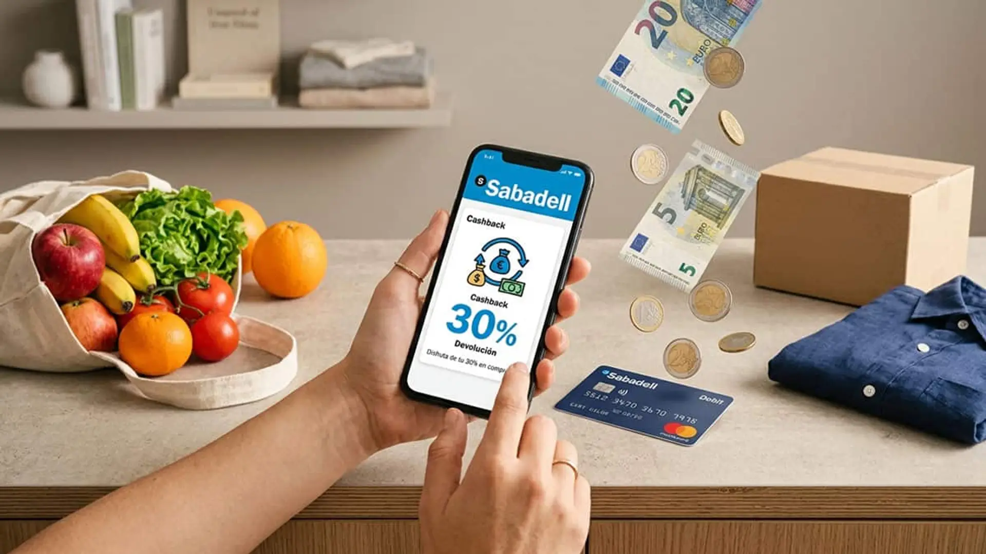 El Banco Sabadell activa el cashback en su app: sin códigos y con devoluciones de hasta el 30% Persona utilizando la app de Banco Sabadell con una promoción de cashback del 30% junto a una compra de supermercado, ropa y comida a domicilio