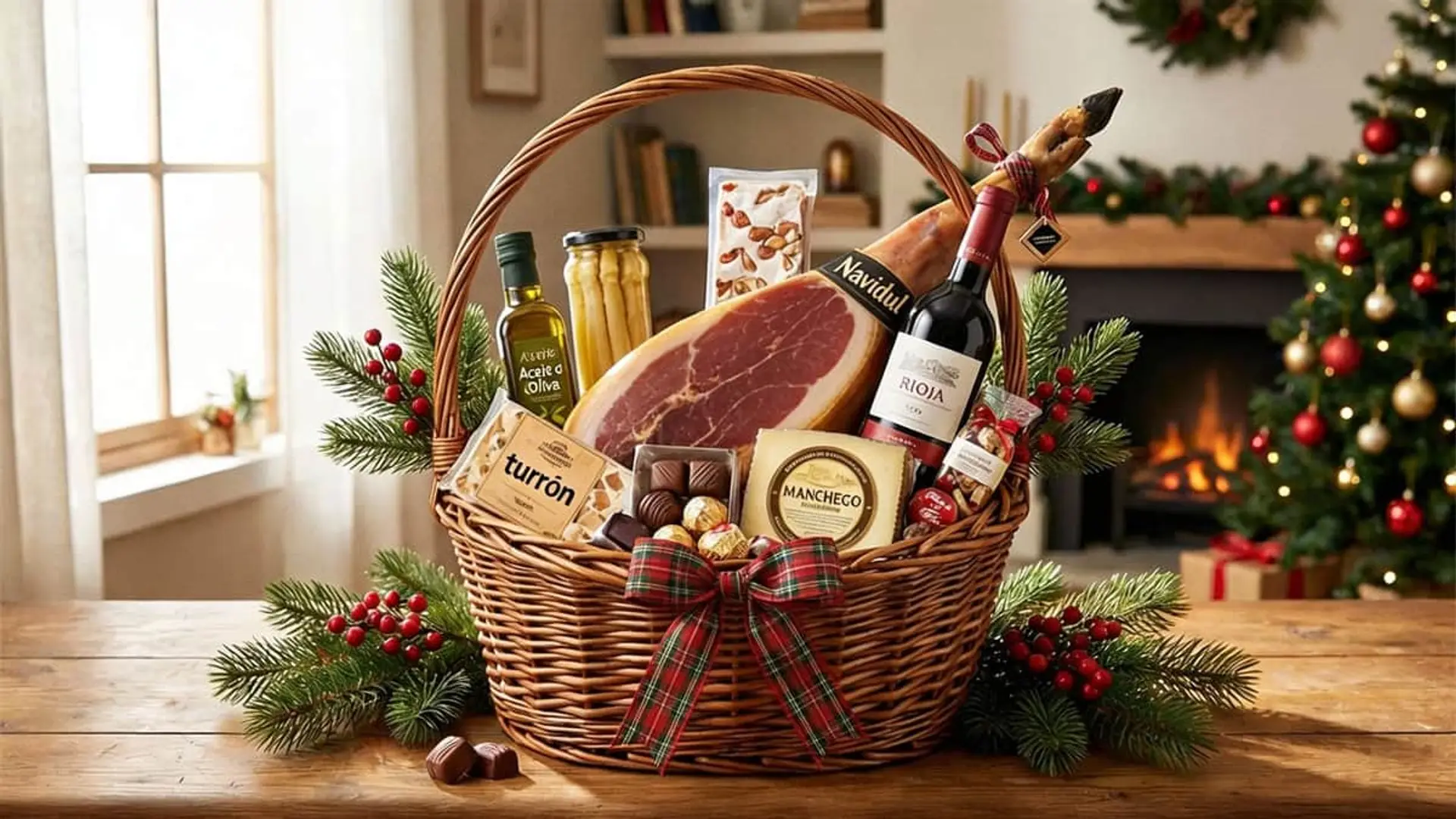 Disfruta el turrón, que lo pagas tú: la cesta de Navidad también está en el ojo de Hacienda Cesta de Navidad gourmet con jamón ibérico Navidul, vino Rioja, queso manchego y turrón.