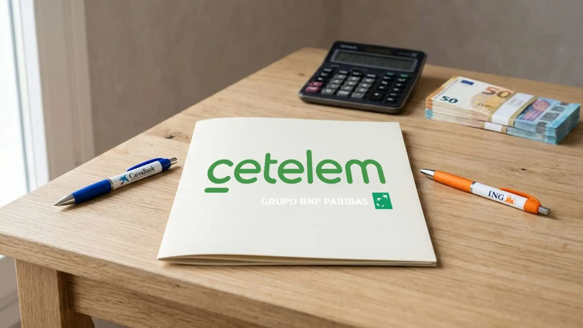 CaixaBank e ING, finalistas para comprar Cetelem, aunque BNP Paribas pide al menos 1.000 millones Carpeta con el logotipo de Cetelem junto a bolígrafos de CaixaBank e ING, una calculadora y billetes de euros.