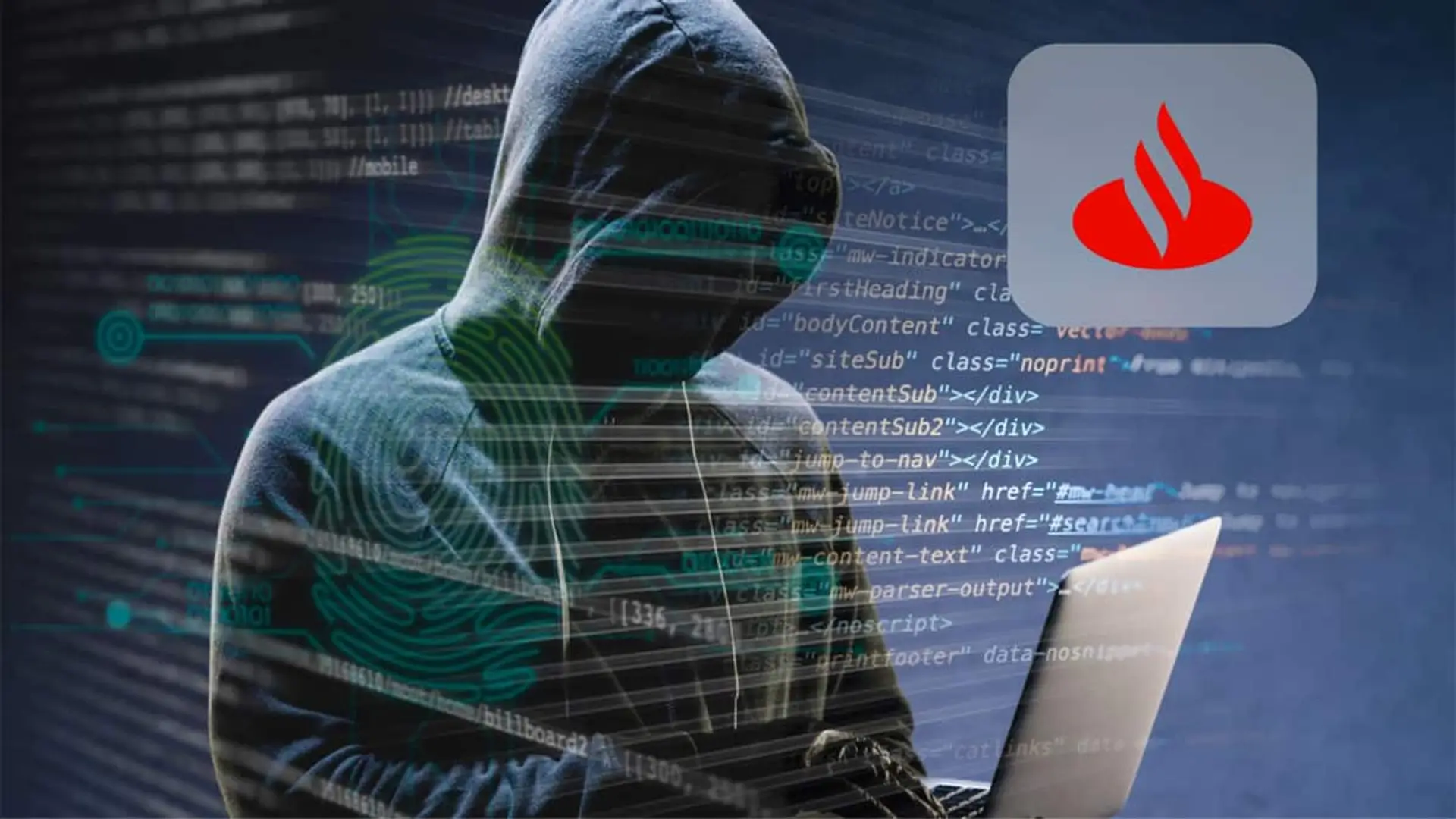 Imagen conceptual de un hacker frente a un ordenador con código en pantalla y el logotipo del Banco Santander, representando un posible ciberataque