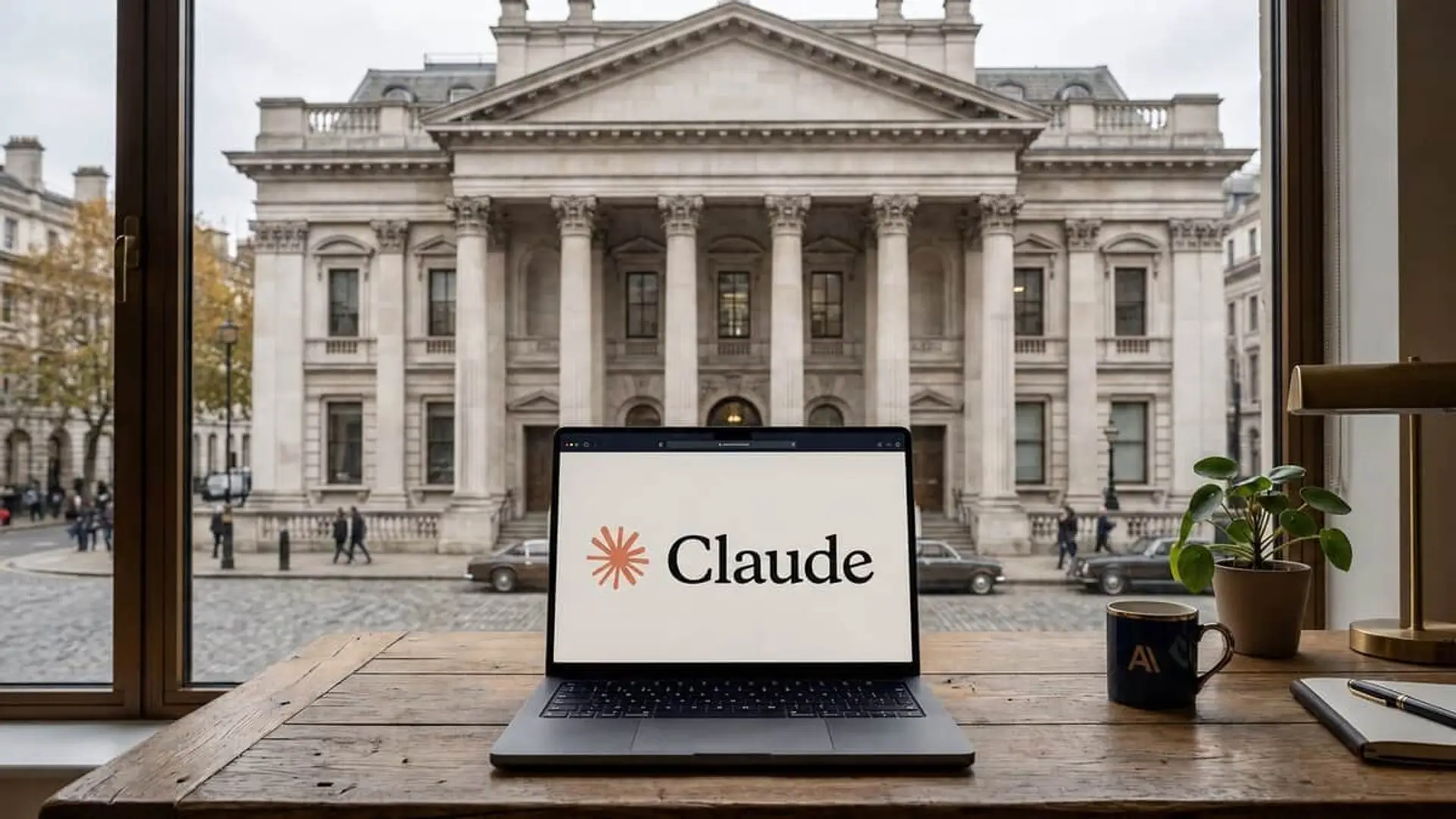 Portátil con logo de Claude sobre escritorio frente a un edificio clásico de banco visto por una gran ventana.