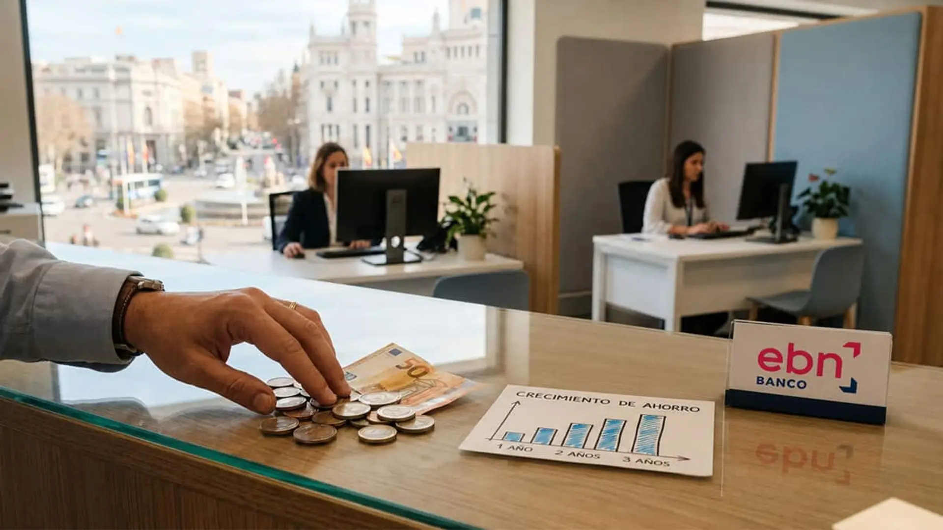 Cliente depositando monedas en una oficina de EBN Banco junto a un gráfico de crecimiento del ahorro