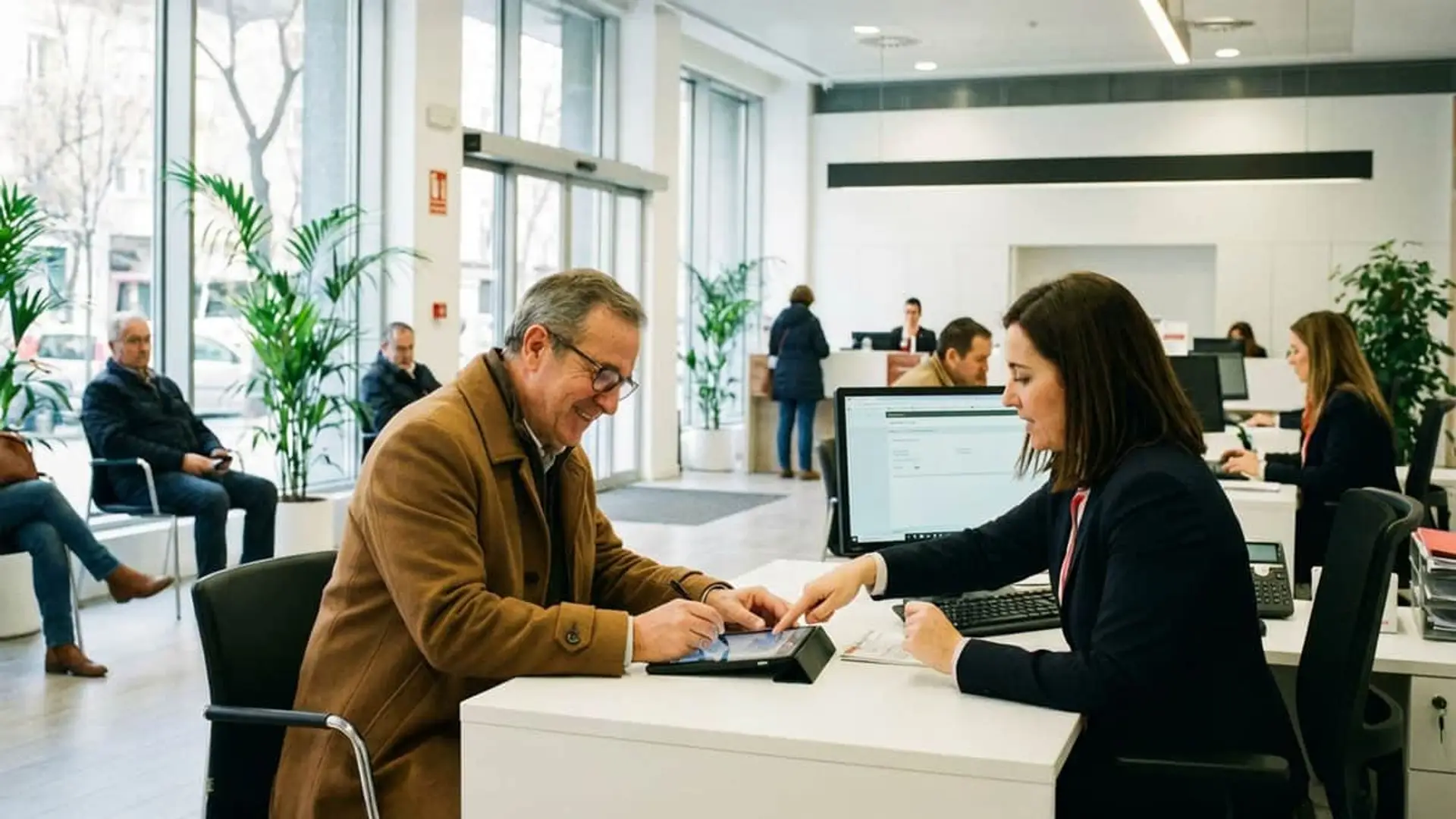 Cliente firmando digitalmente en tablet un contrato ayudado por gestora en oficina bancaria.