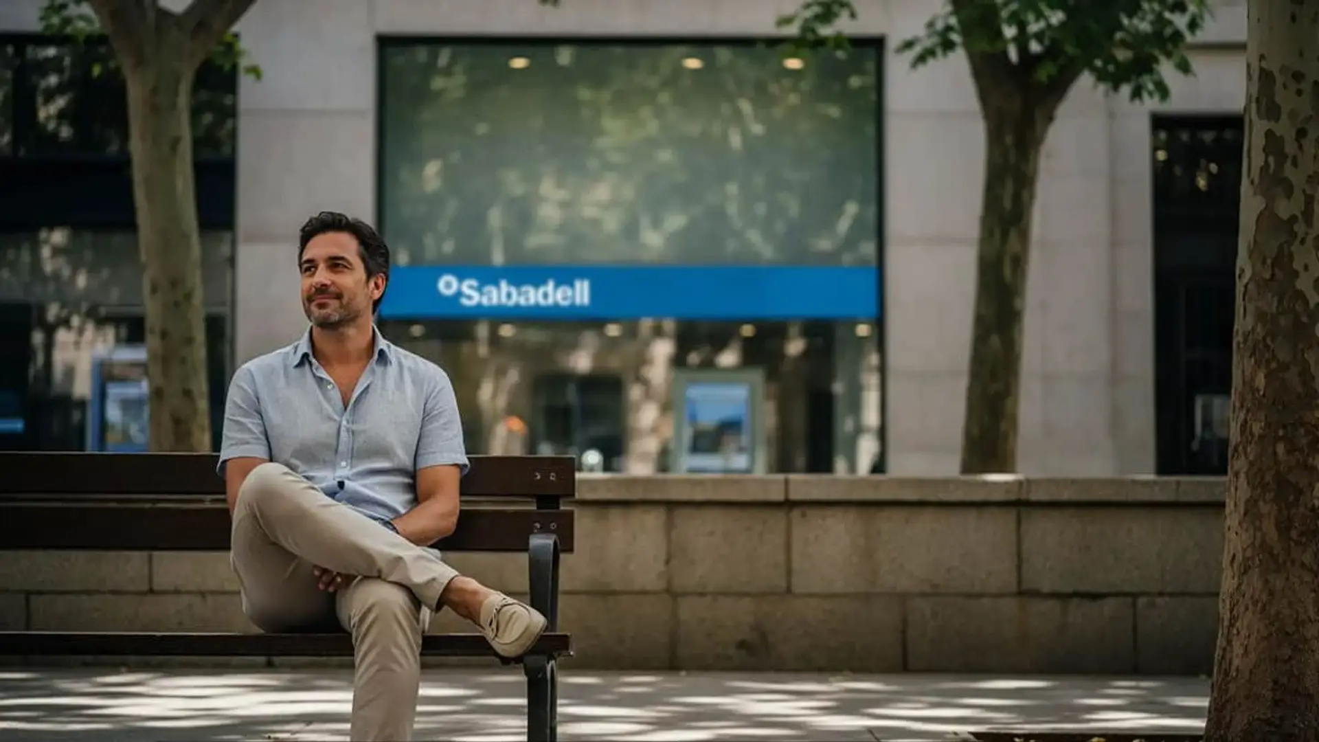 Cliente de Banco Sabadell sentado en un banco en la calle. Hombre relajado frente a la oficina de su entidad bancaria.