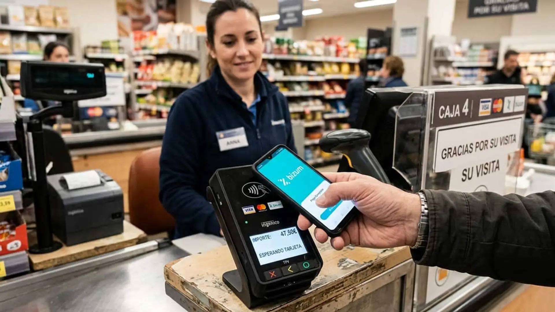 Bizum Pay, un mes después: infraestructura lista al 85%, pero las grandes tiendas no lo activan Cliente pagando con Bizum desde el móvil en un datáfono junto a la caja de un supermercado