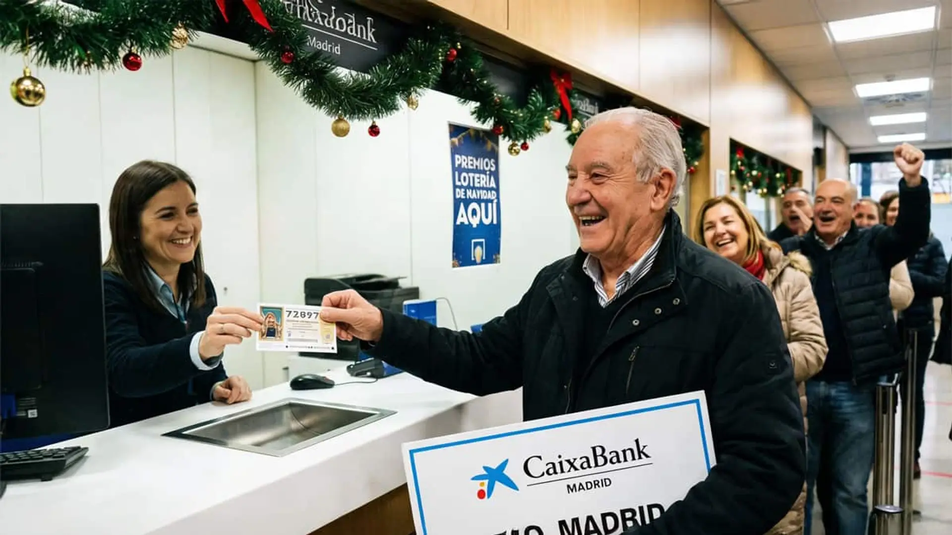 Cliente feliz cobrando un decimo premiado de la Loteria de Navidad en una oficina bancaria de CaixaBank en Madrid mientras otras personas celebran al fondo