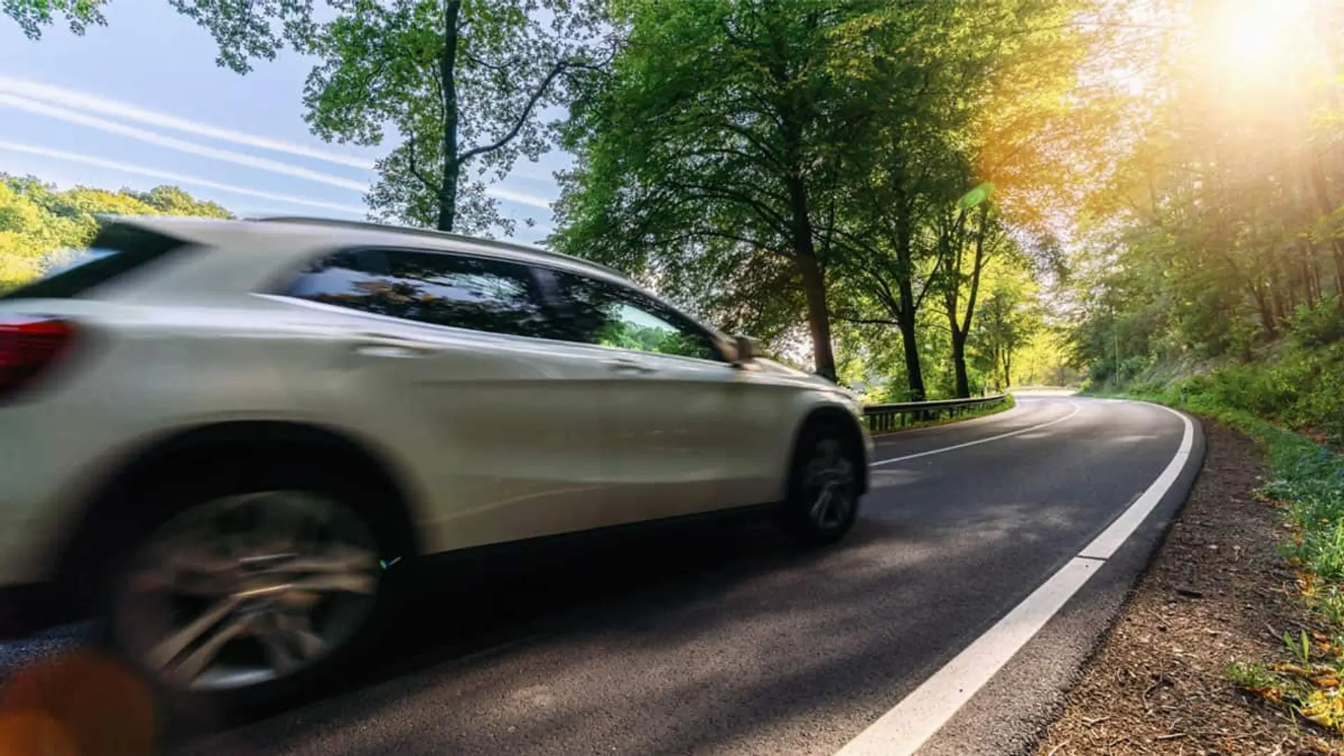 Coche blanco circulando por una carretera rodeada de árboles